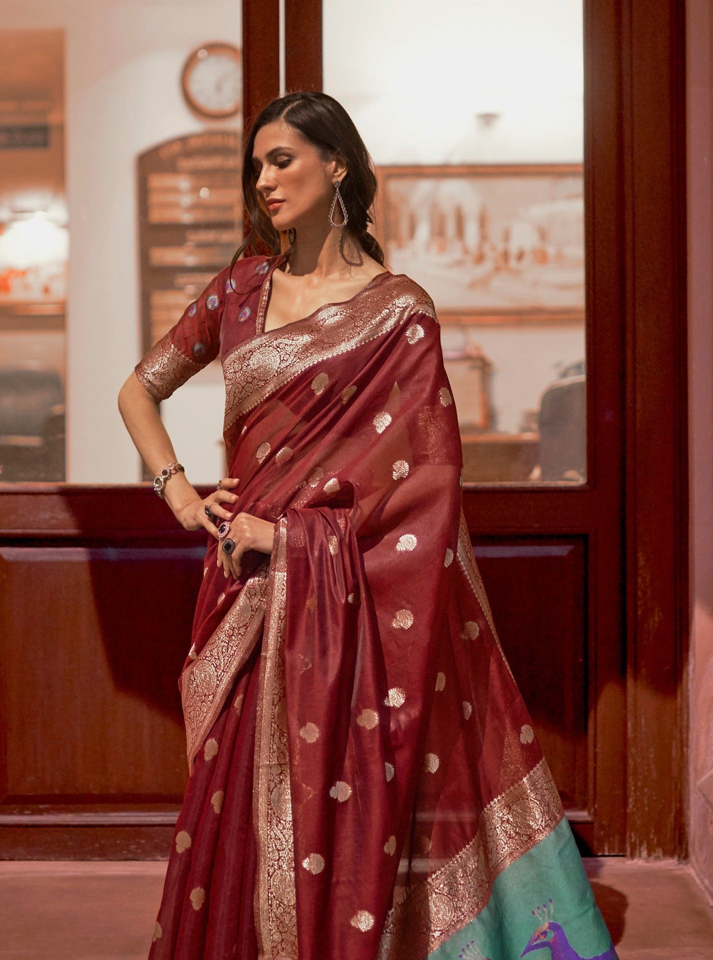 Maroon Zari Woven Banarasi Silk Saree with Peacock Pallu