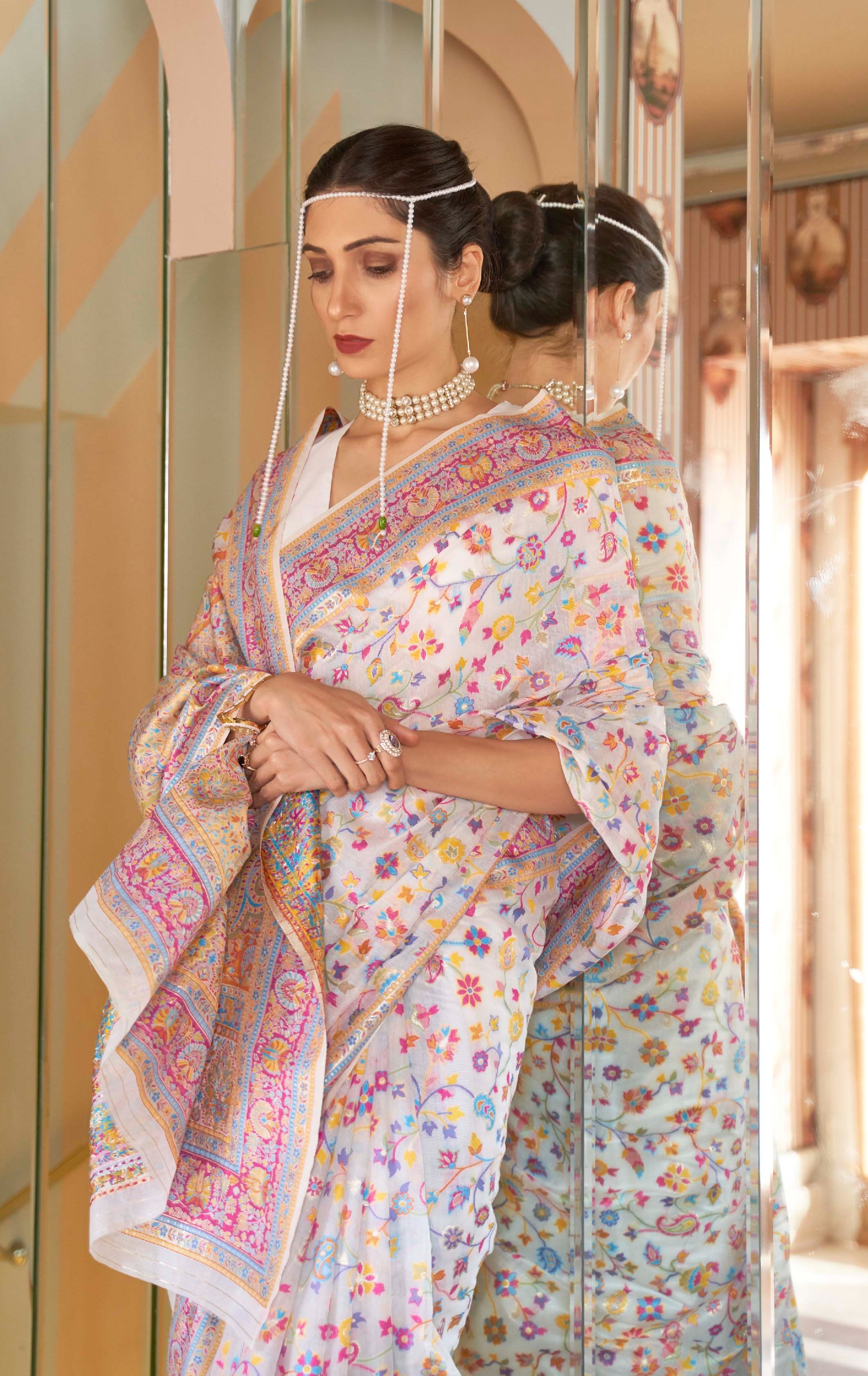 Pastel Light Pink Banarasi Jamawar Woven Silk Saree