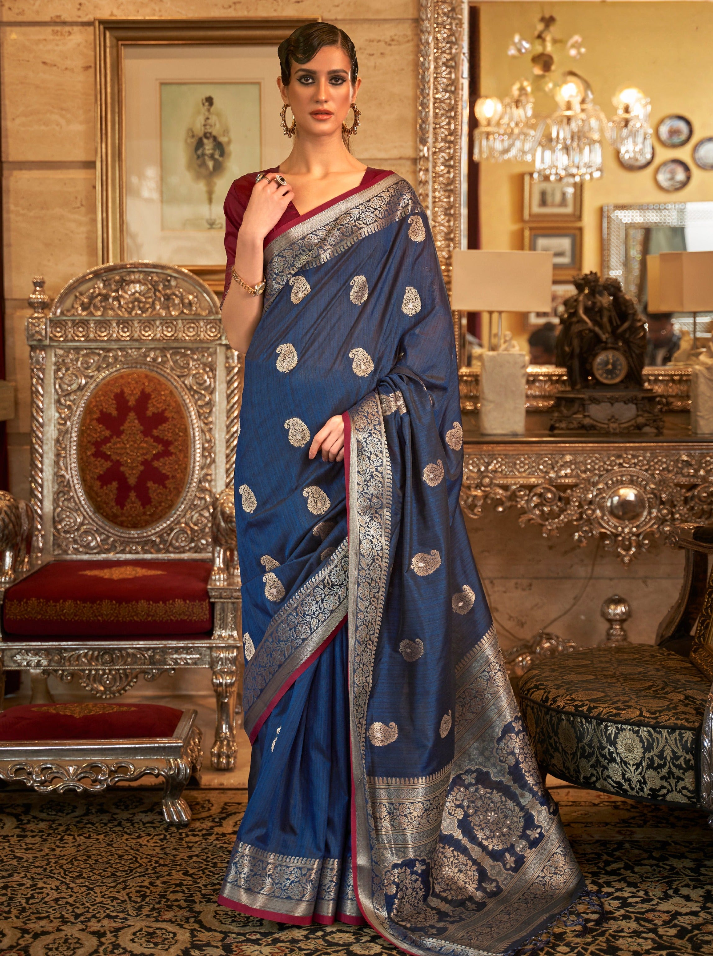 Twilight Dark Blue Zari Woven Tussar Saree