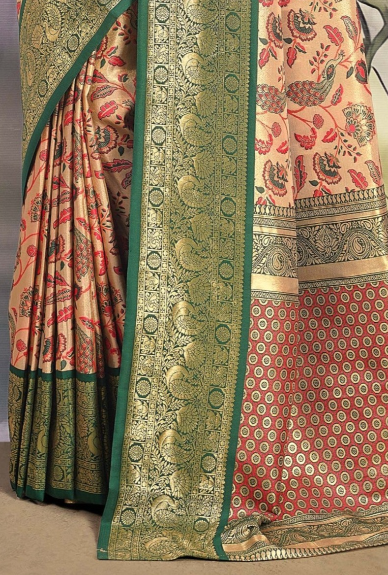 Beige and Celery Green Woven Banarasi Silk Saree