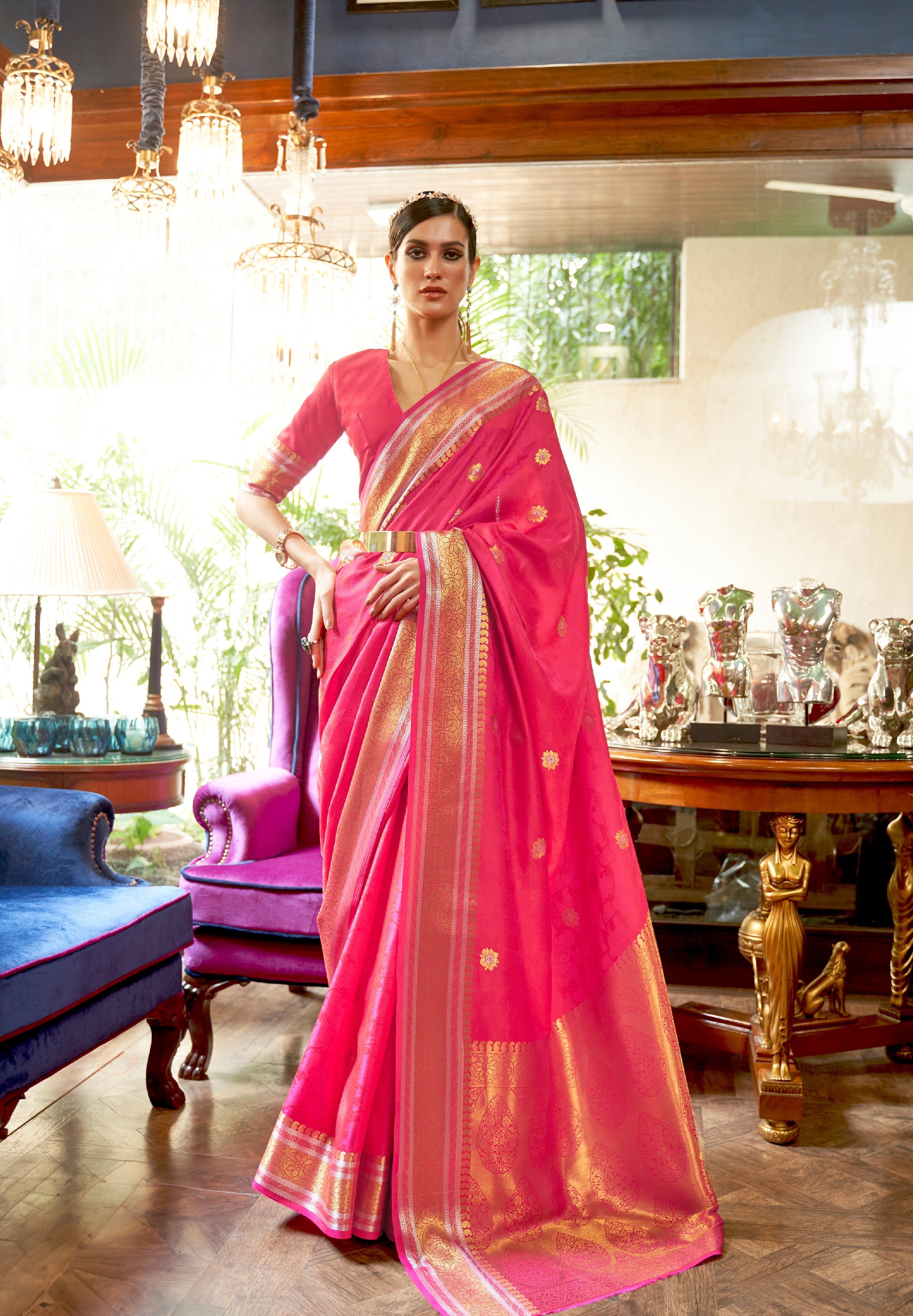 Coral Pink Woven Kanjivaram Silk Saree