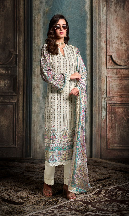 White Color Pure Muslin With Digital Print Salwar Kameez