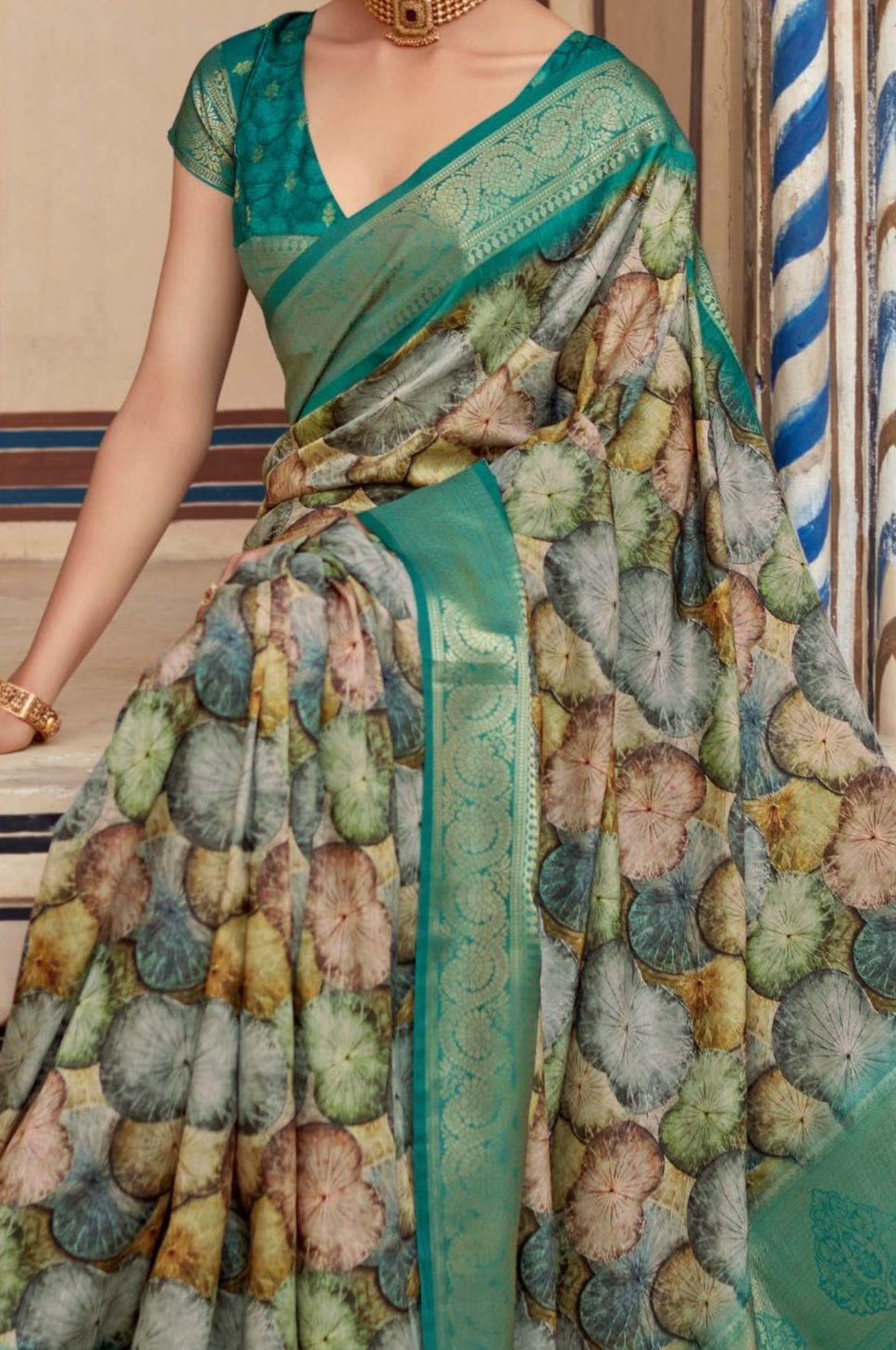 Viridian Green Banarasi Printed Silk Saree