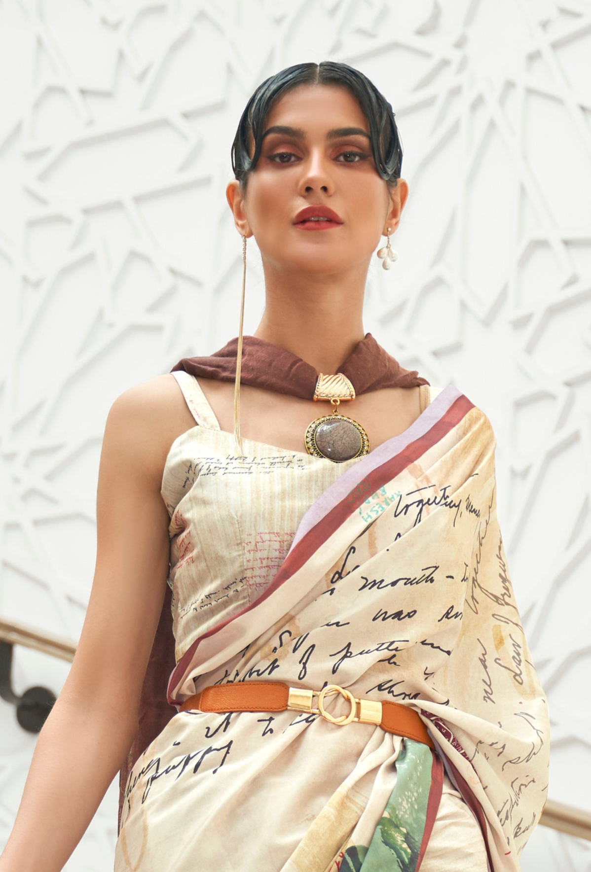 Paleo Off-White Kalamkari Printed Crepe Saree