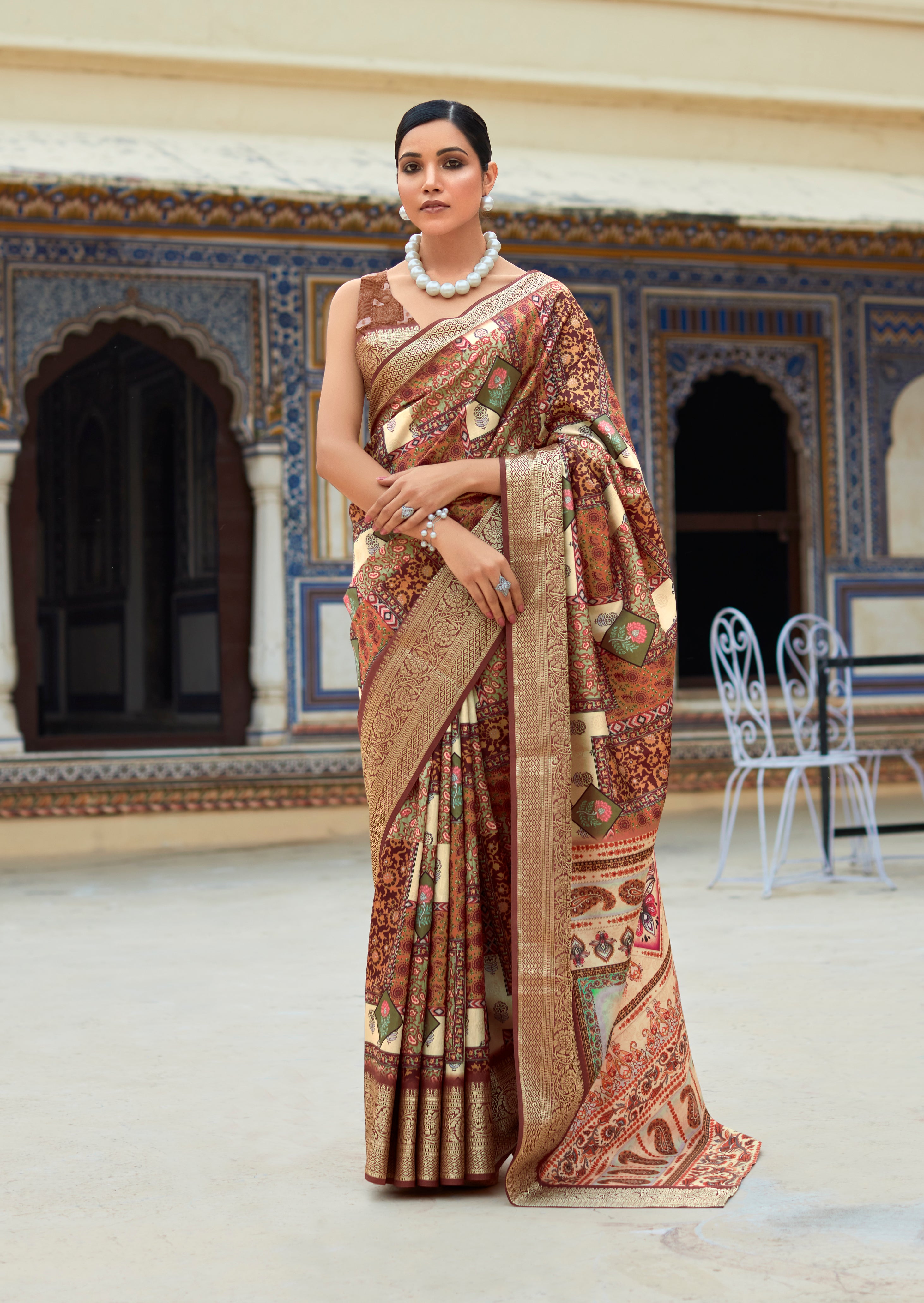 Cocoa Brown Banarasi Printed Silk Saree