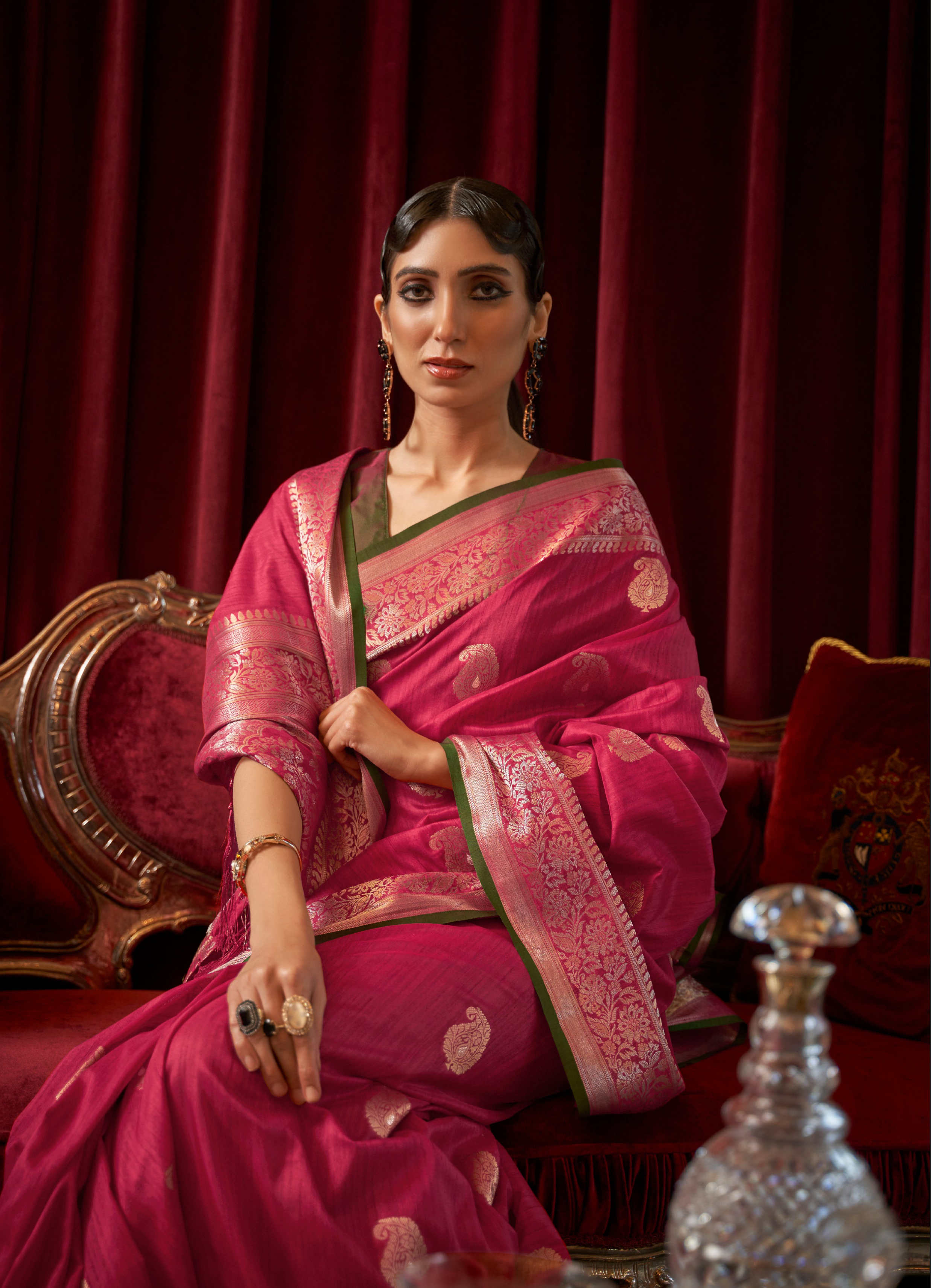 Saturated Dark Pink Zari Woven Silk Saree