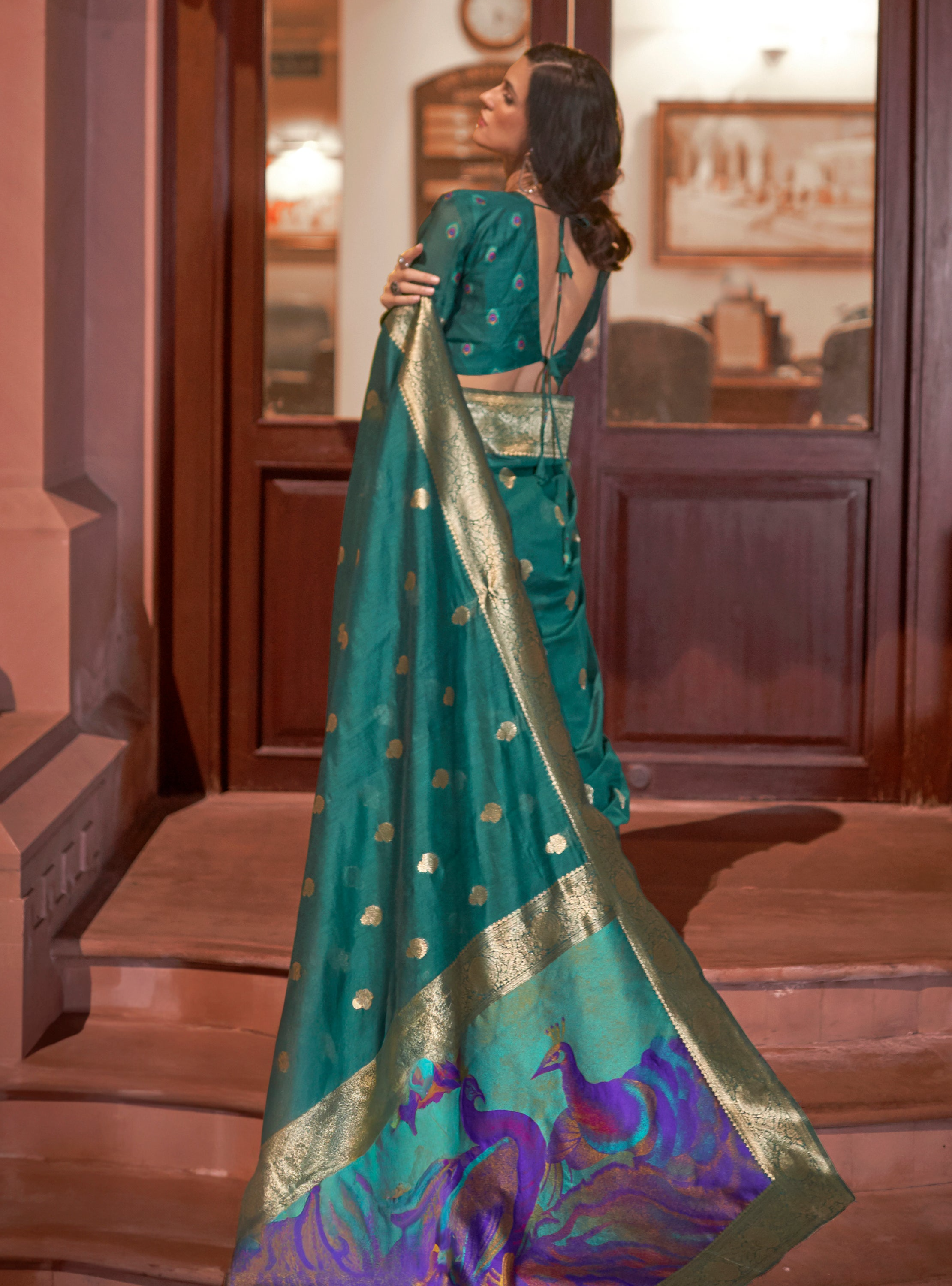 Regal Green Zari Woven Banarasi Silk Saree with Peacock Pallu