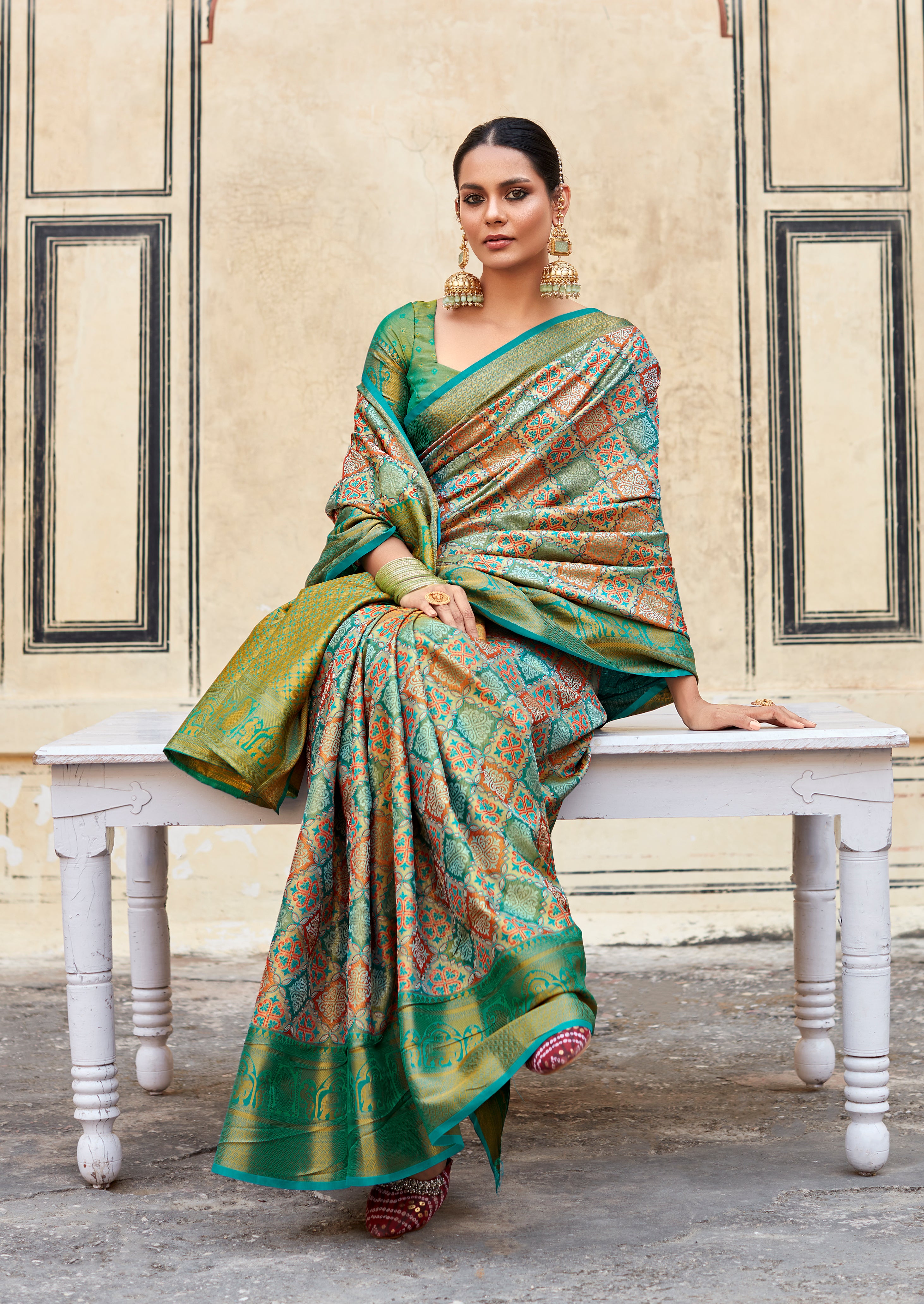 Sapphire Grove Green and Blue Woven Banarasi Silk Saree