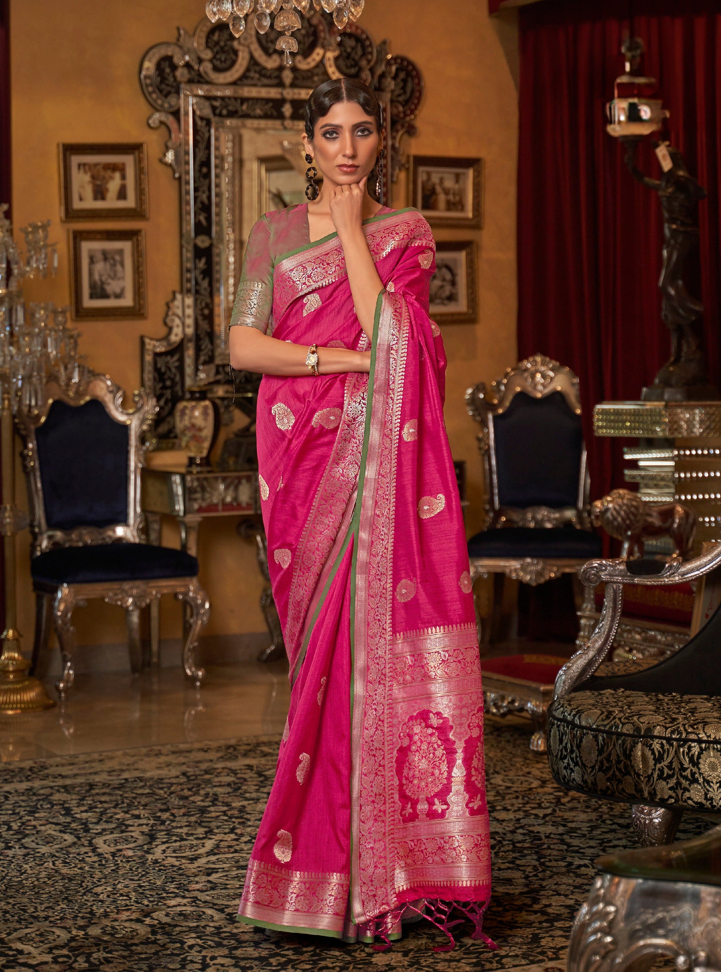 Saturated Dark Pink Zari Woven Silk Saree