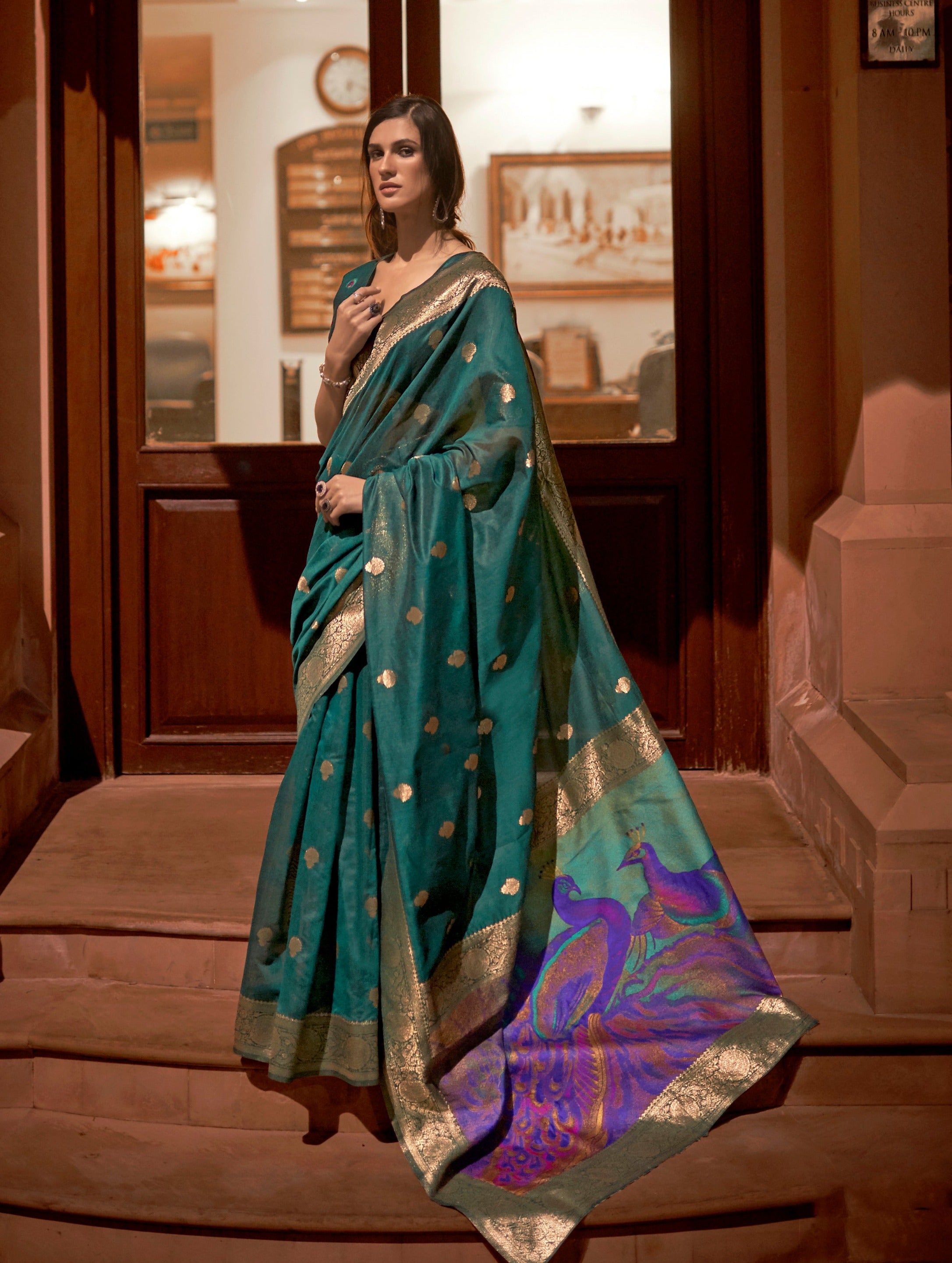 Regal Green Zari Woven Banarasi Silk Saree with Peacock Pallu