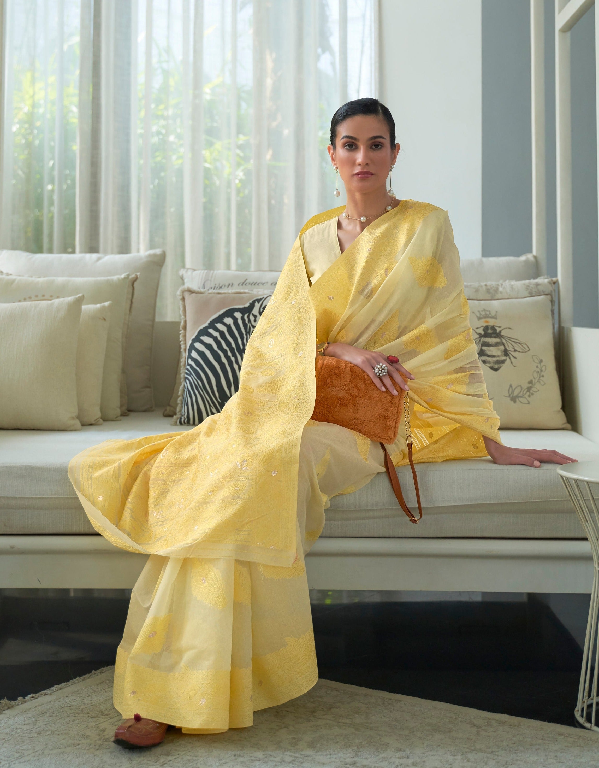 Exquisite Yellow Lucknowi Chikankari Woven Silk Saree