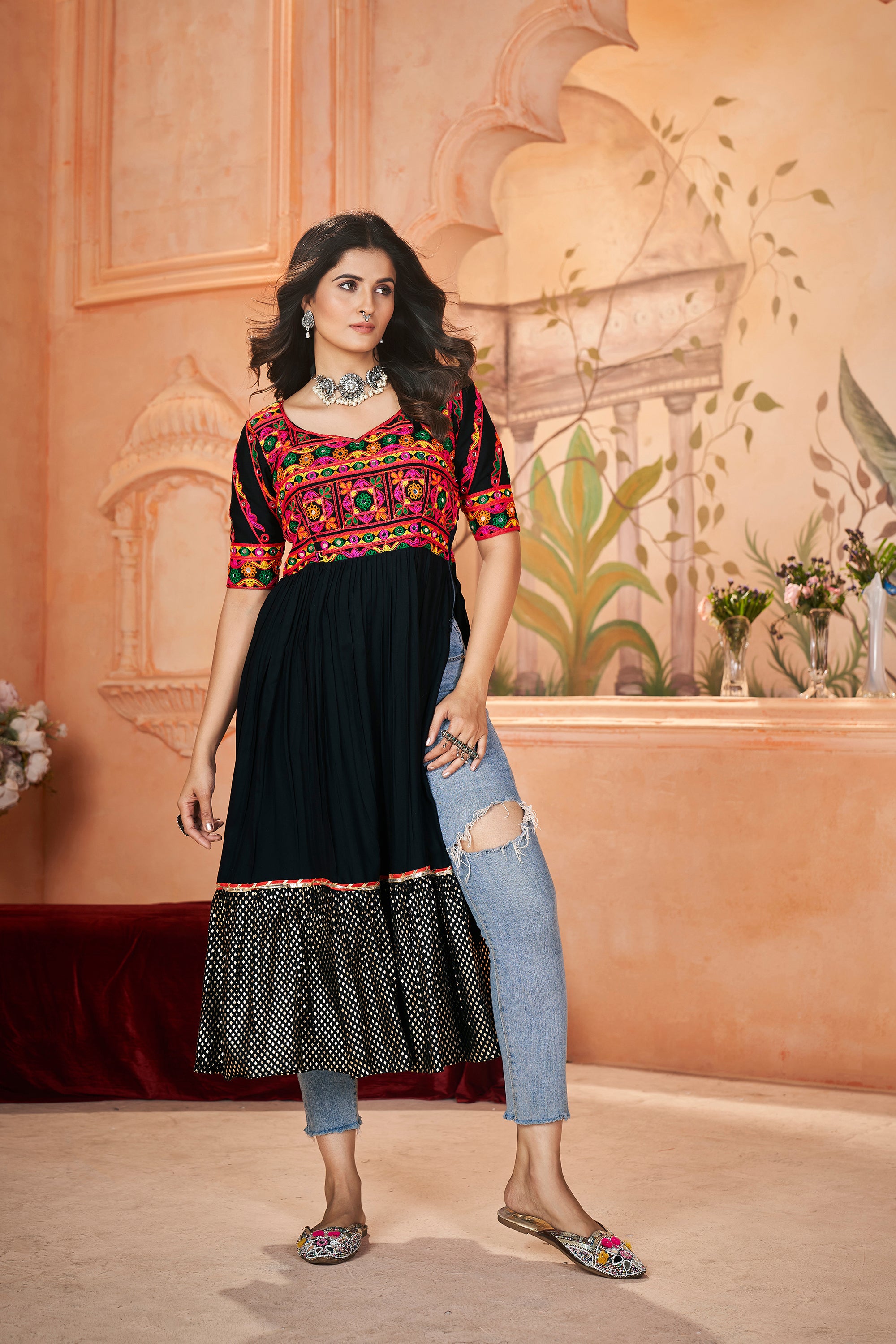 Black Colour Rayon With Print Embroidery