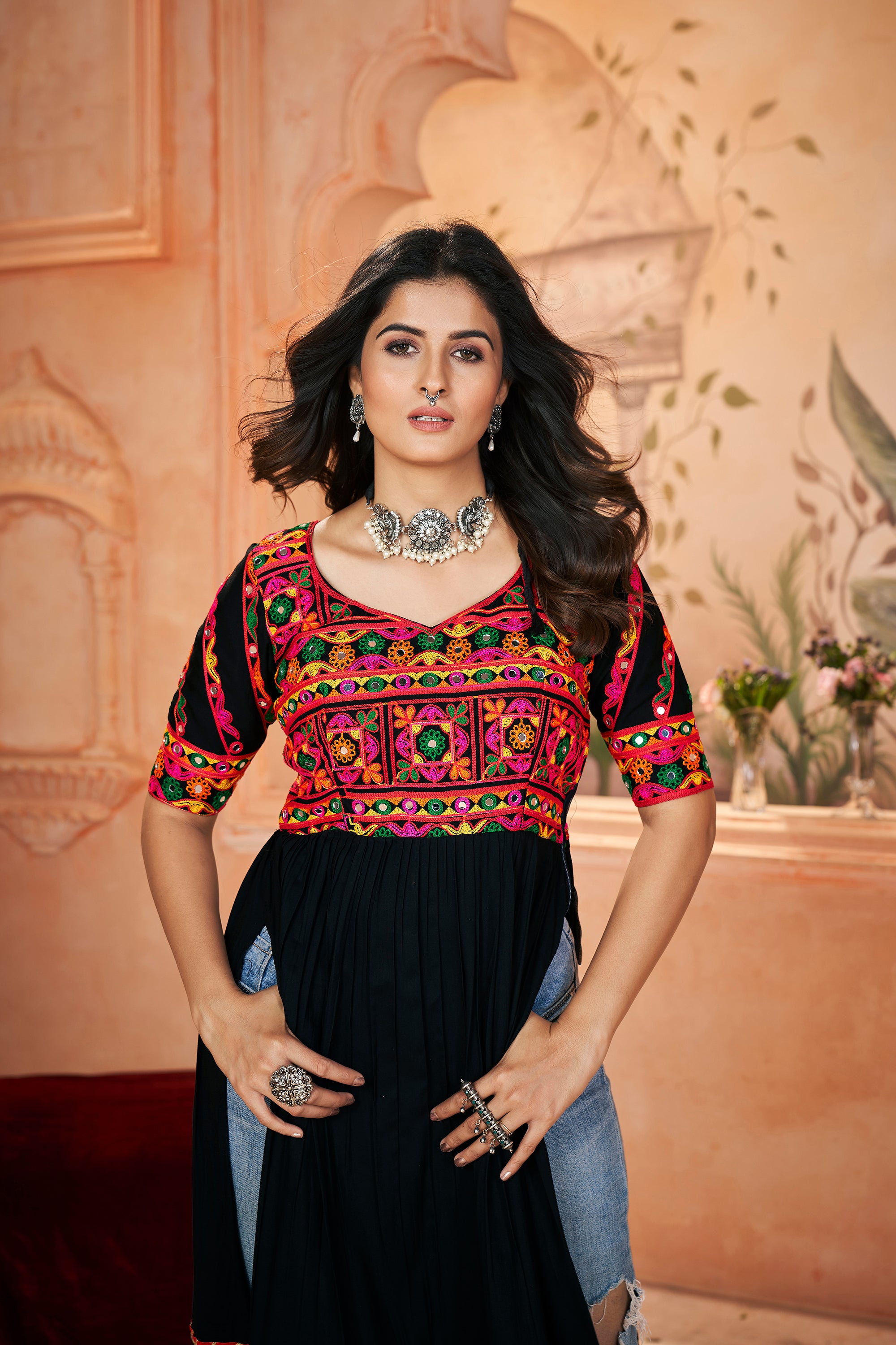 Black Colour Rayon With Print Embroidery