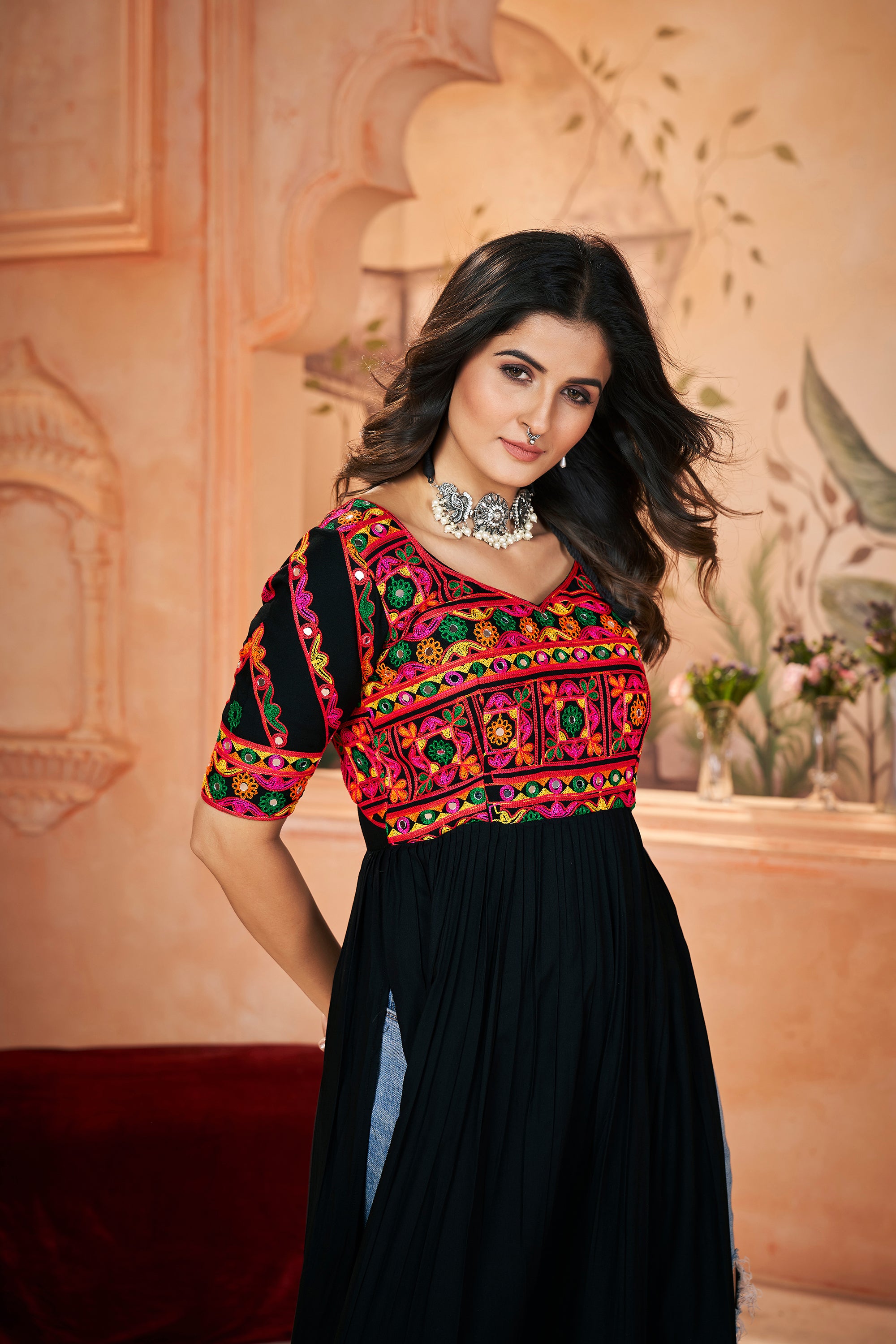 Black Colour Rayon With Print Embroidery