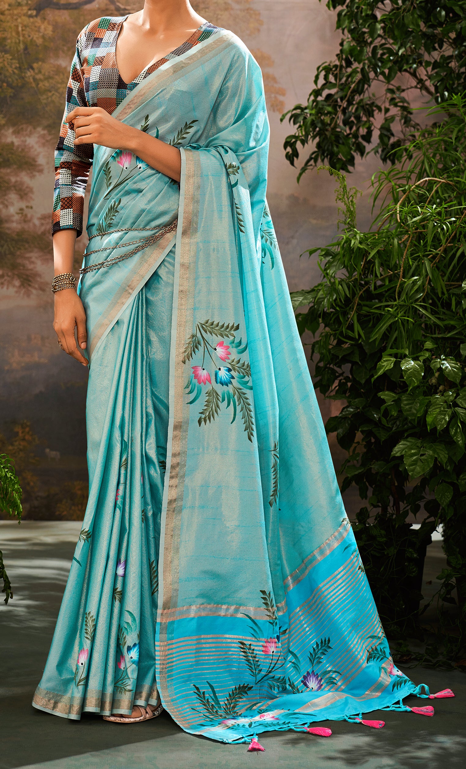 Turquoise Blue Coloured Soft Linen Tissue Saree – Timeless Luxury & Grace