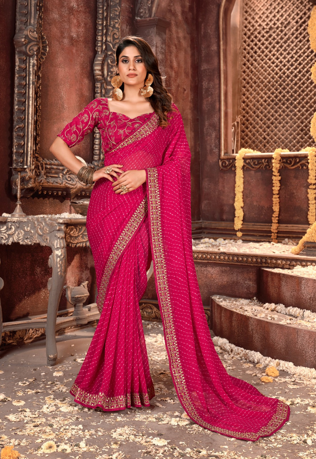 Bright Pink Bandhni Print Saree