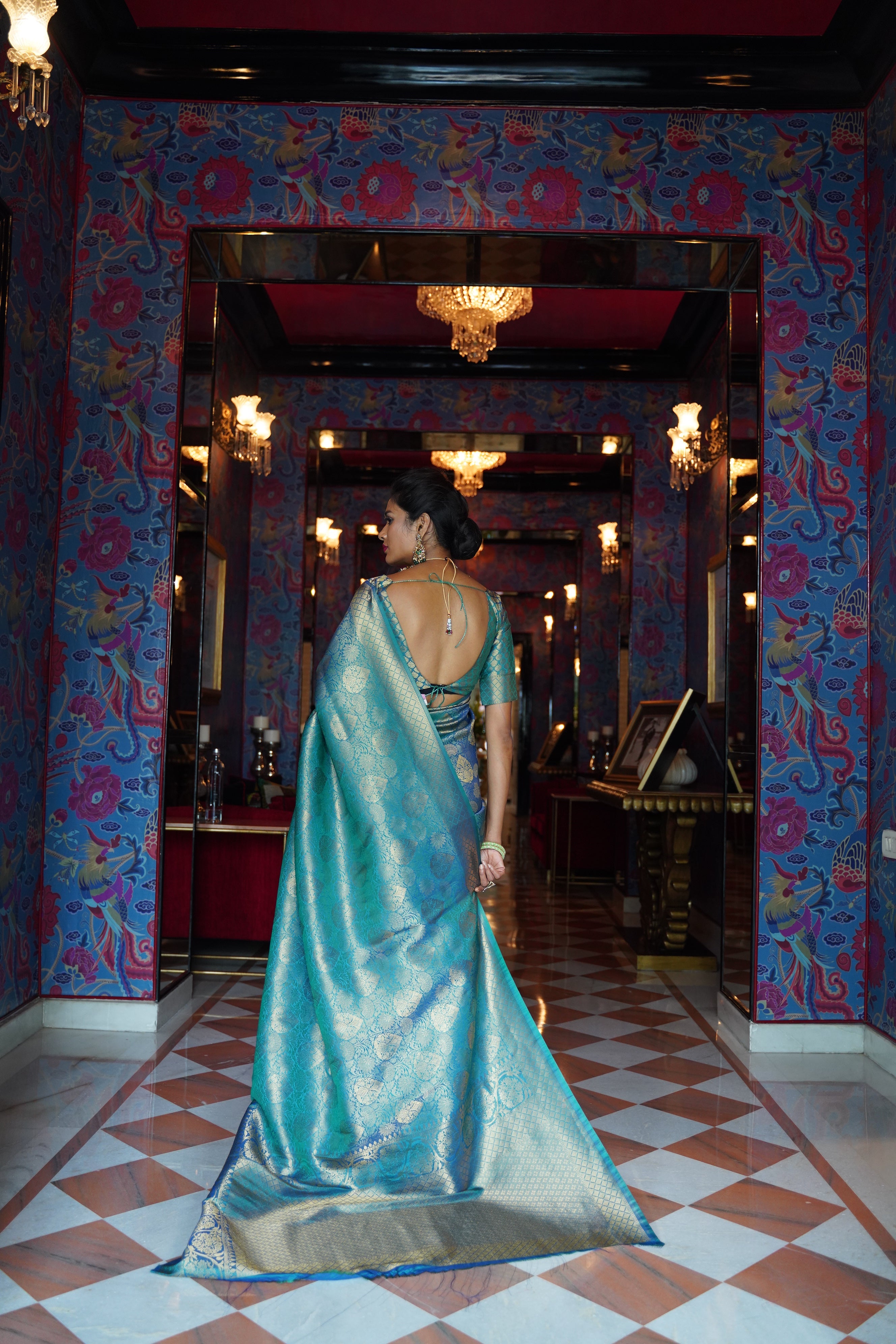 Teal Blue Zari Woven Kanjivaram Saree