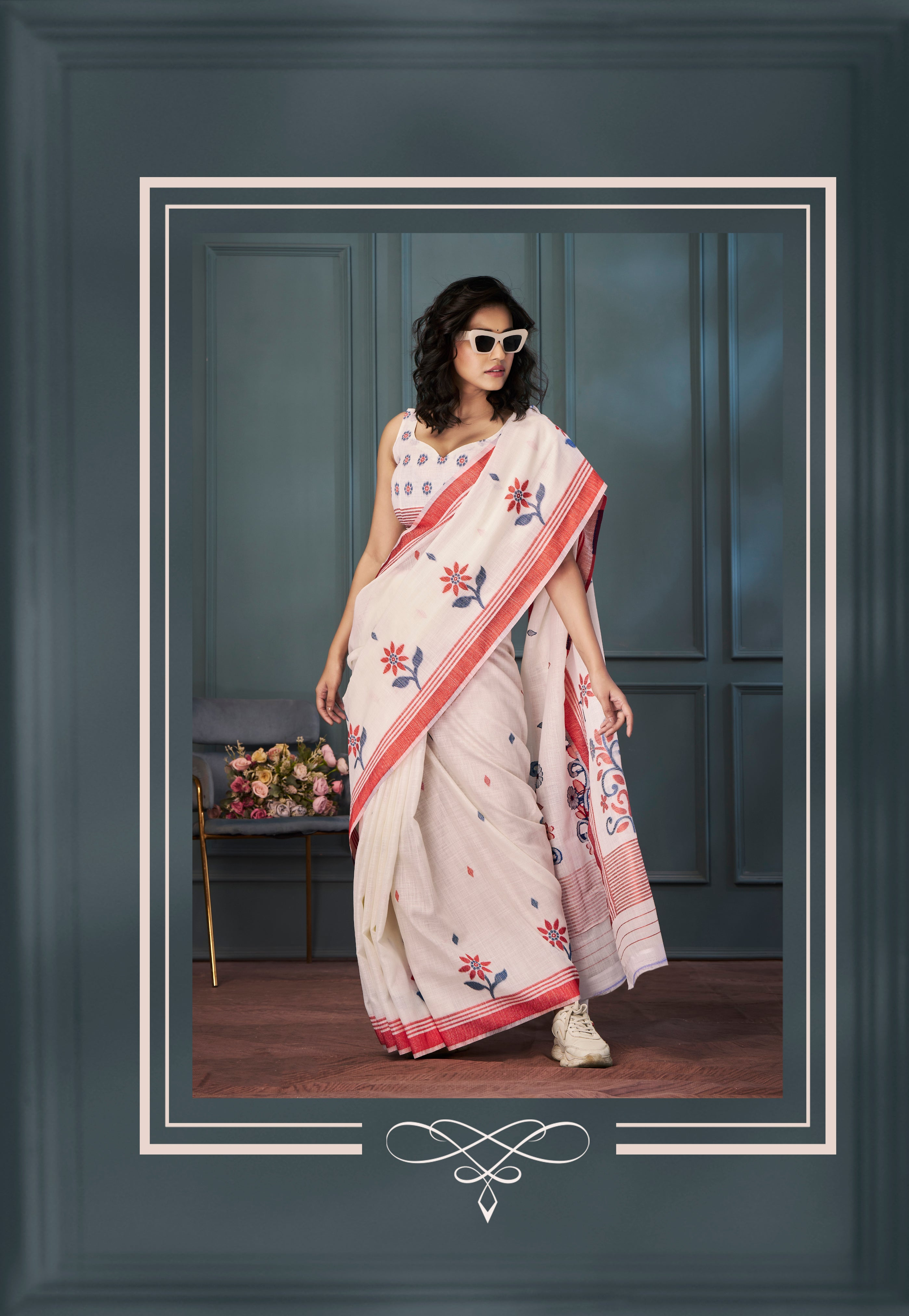 Graceful Cream Handloom Linen Silk Saree with Beautiful Weaving