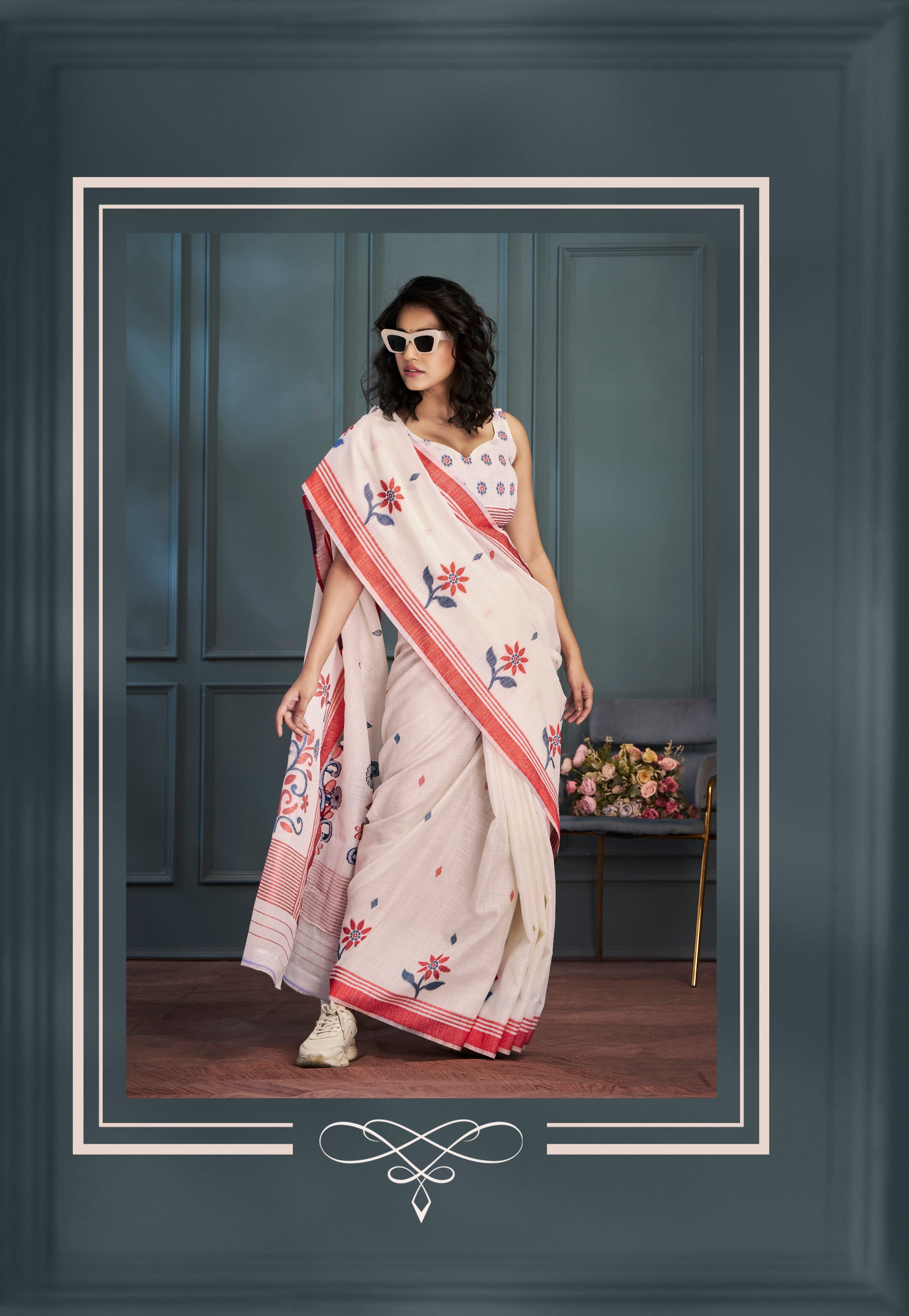 Graceful Cream Handloom Linen Silk Saree with Beautiful Weaving