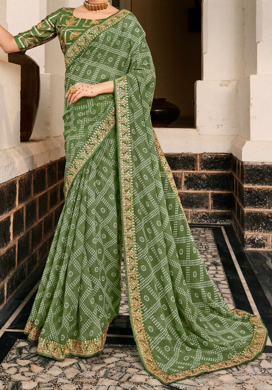 Elegant Dark Green Bandhni Print Saree