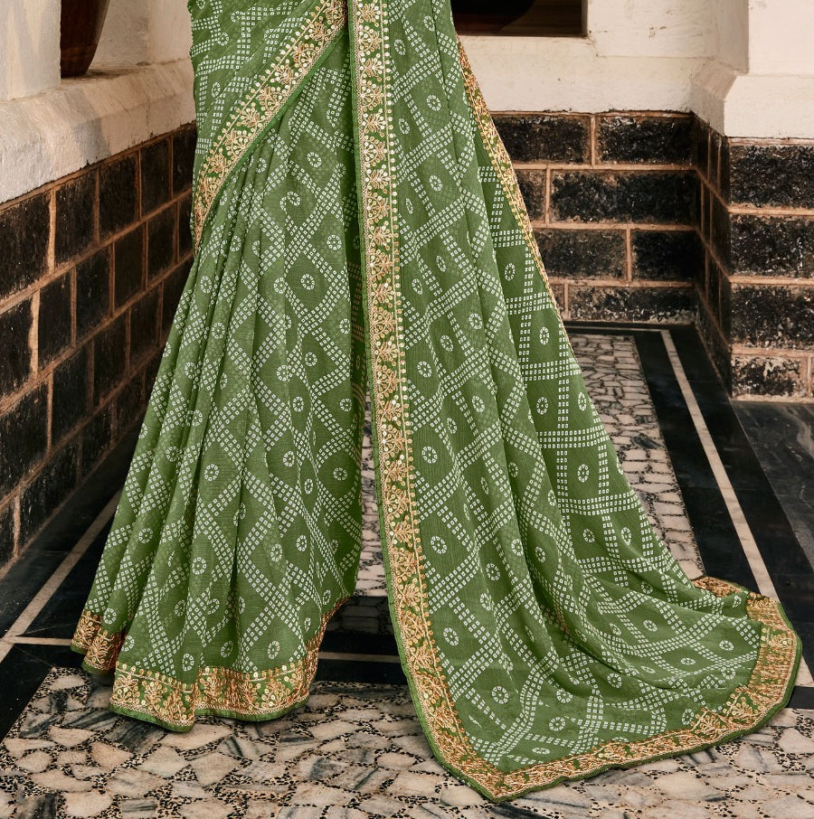 Elegant Dark Green Bandhni Print Saree