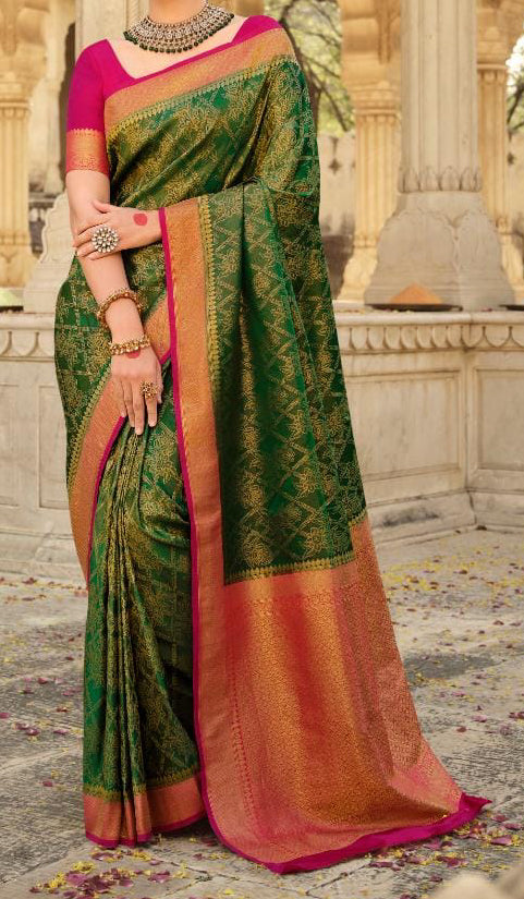 Dark Green Coloured Banarasi Katan Silk Saree