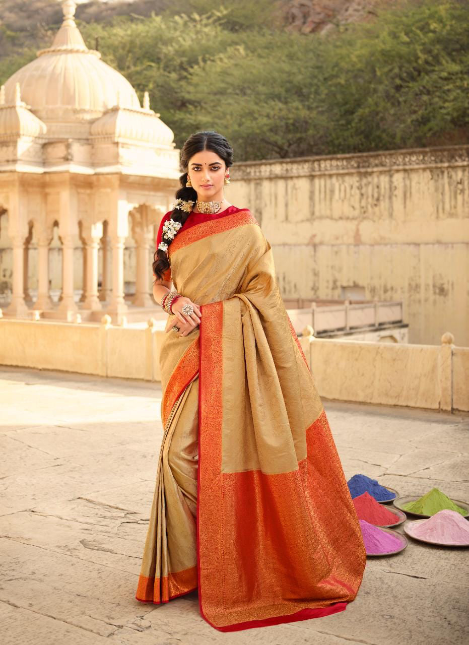 Rich Golden Coloured Banarasi Katan Silk Saree