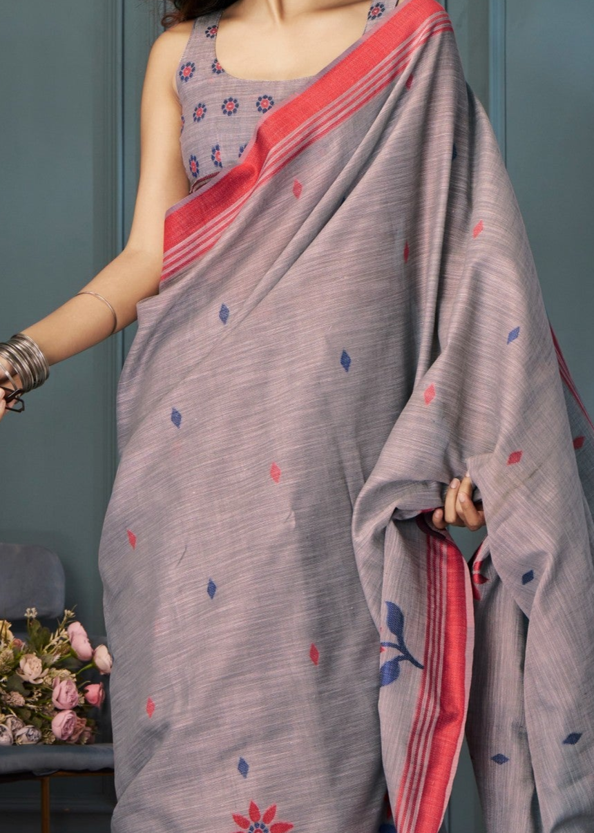 Refined Gray Handloom Linen Silk Saree with Intricate Weaving