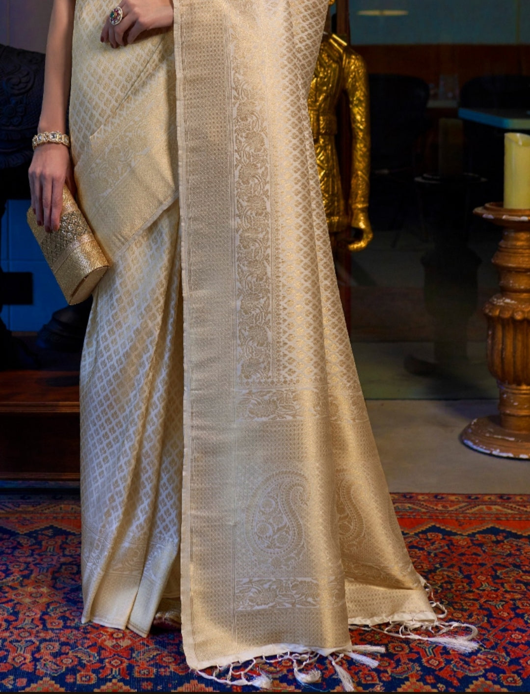 Golden Ivory Dream Kanjivaram Saree: Opulent Elegance in Off White