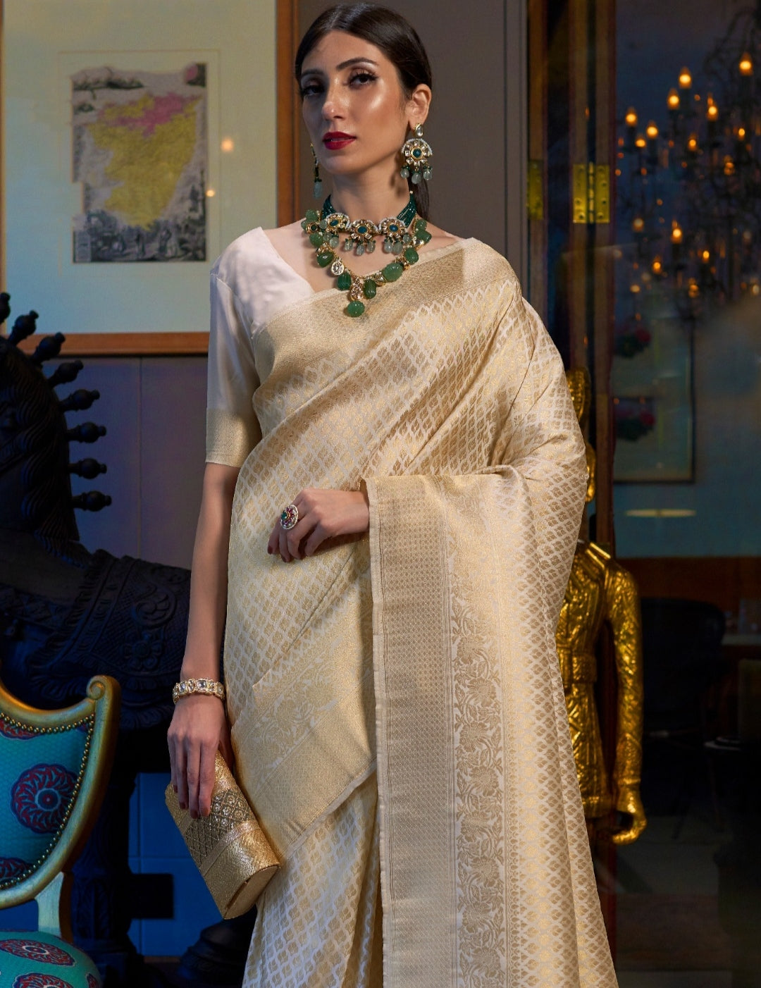 Golden Ivory Dream Kanjivaram Saree: Opulent Elegance in Off White