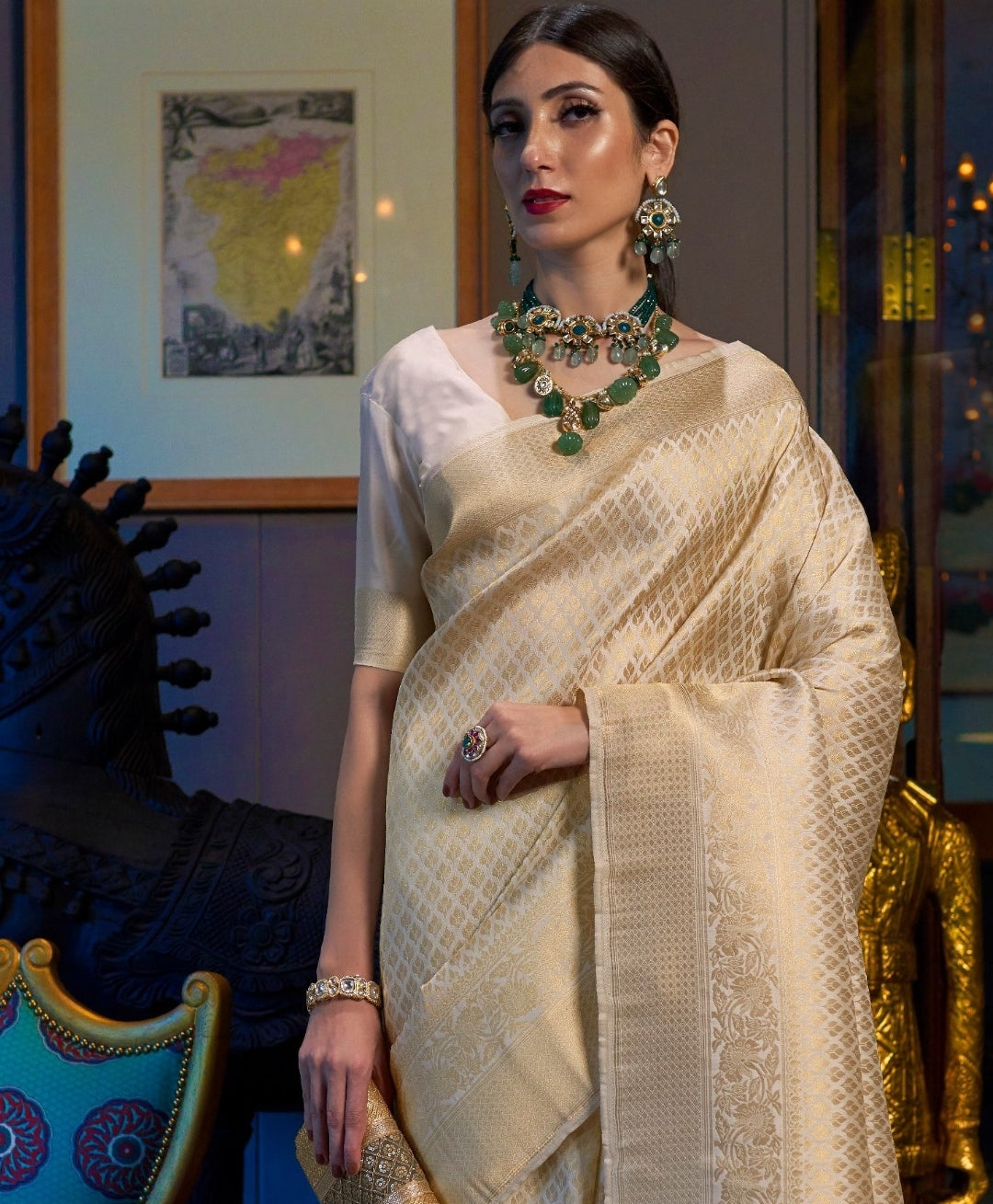 Golden Ivory Dream Kanjivaram Saree: Opulent Elegance in Off White