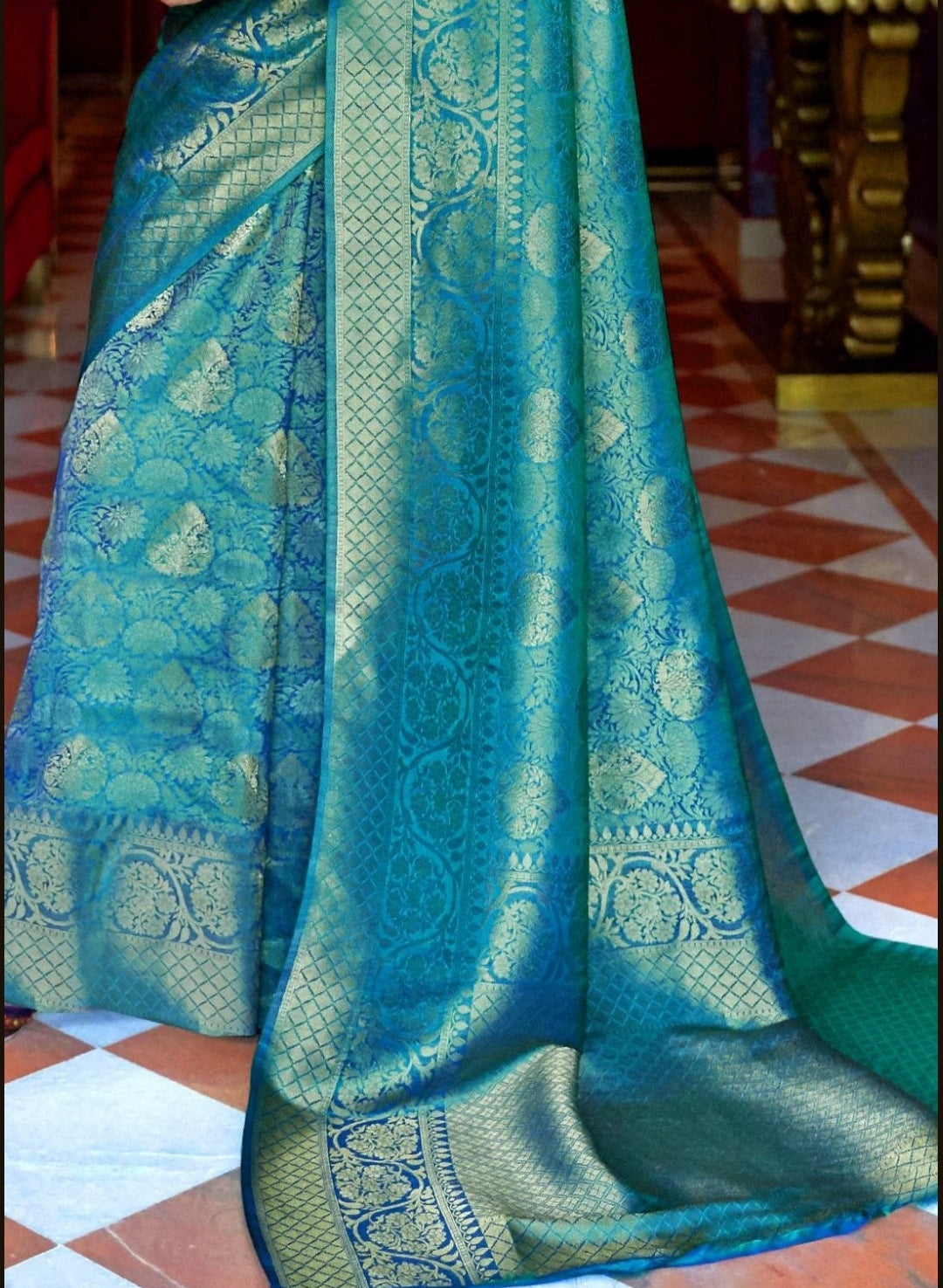 Teal Blue Zari Woven Kanjivaram Saree