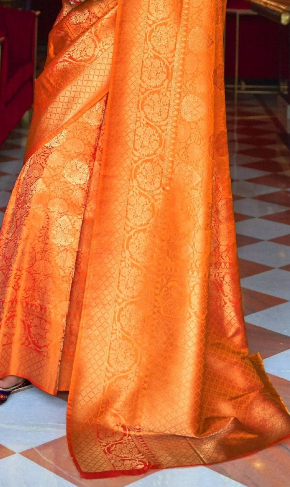 Vibrant Sunset Tangerine Zari woven Kanjivaram saree