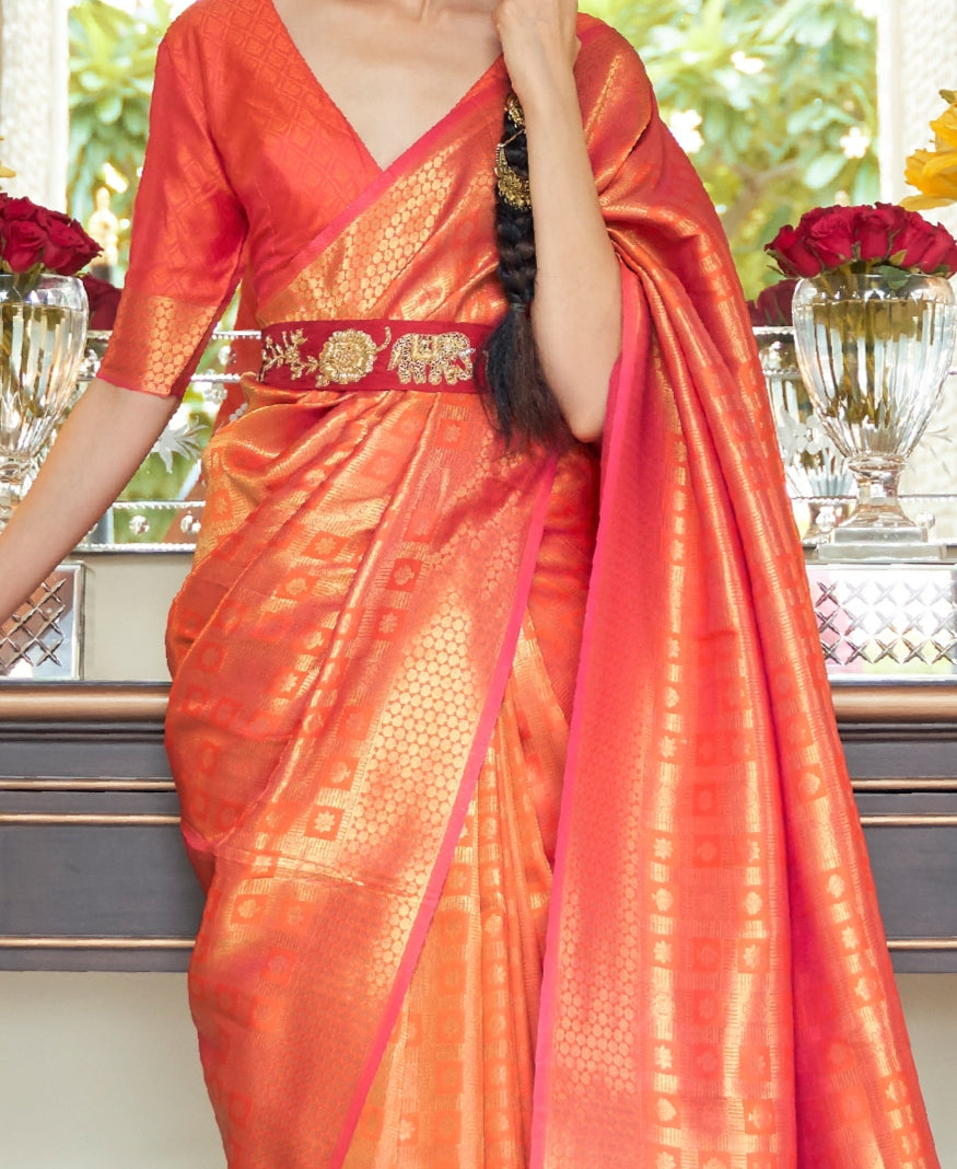 Luminous Orange Pearl Woven Kanjivaram Saree