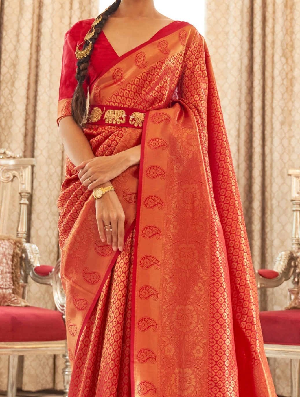 Red Velvet Zari Woven Kanjivaram Saree