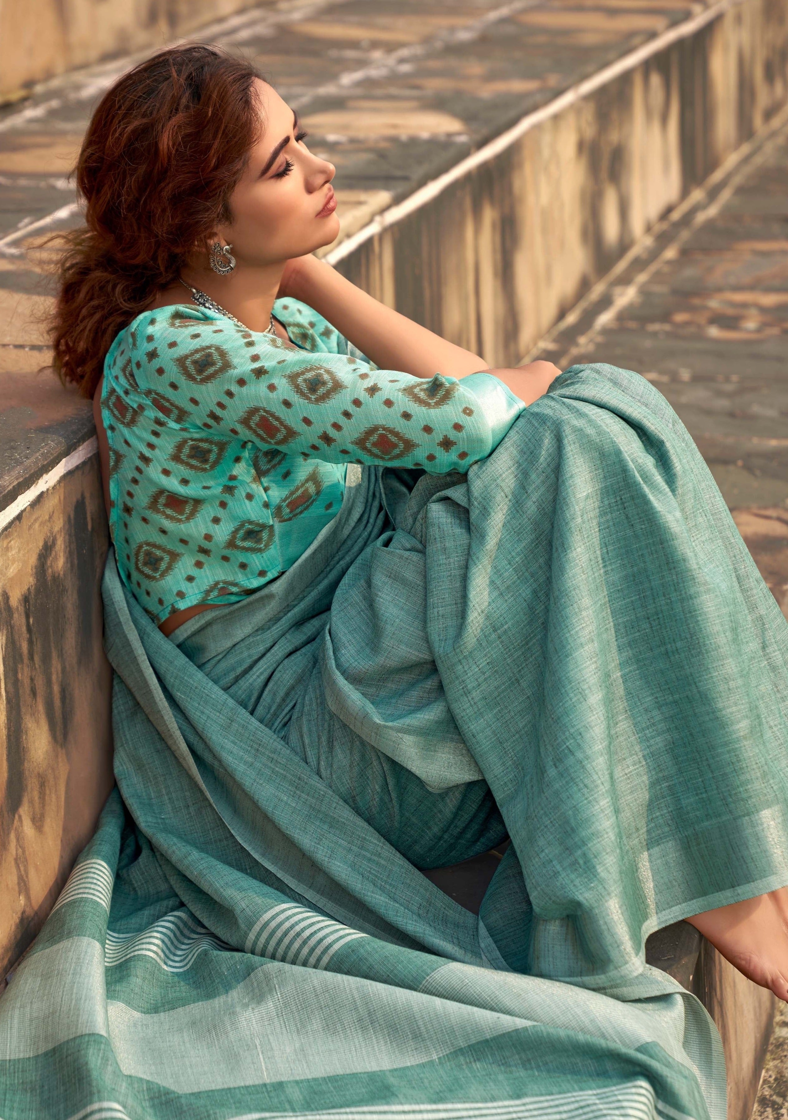 Breezy Blue Soft Linen Silk Saree