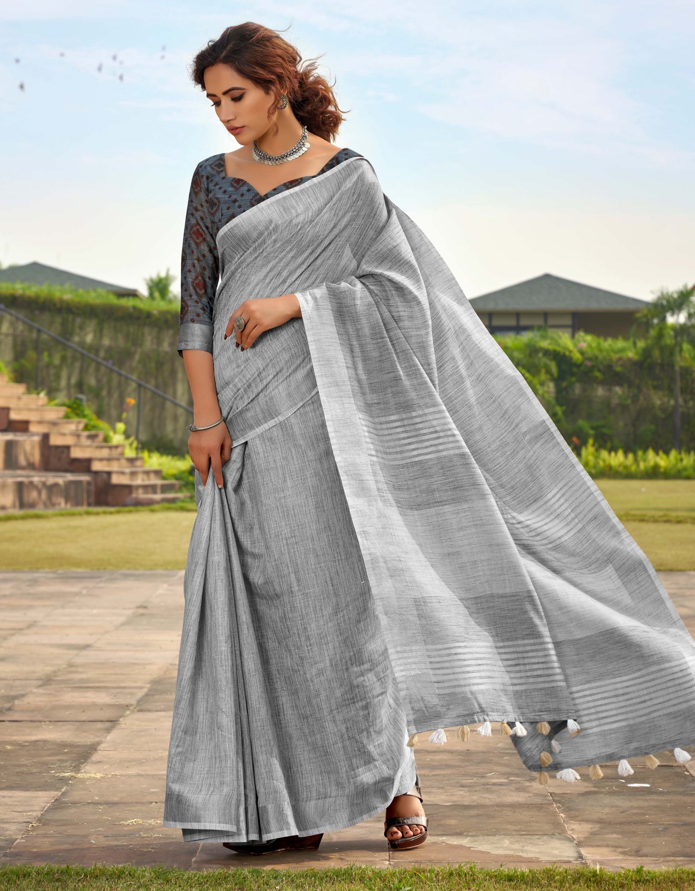 Ethereal AshenGrey Linen Silk Saree