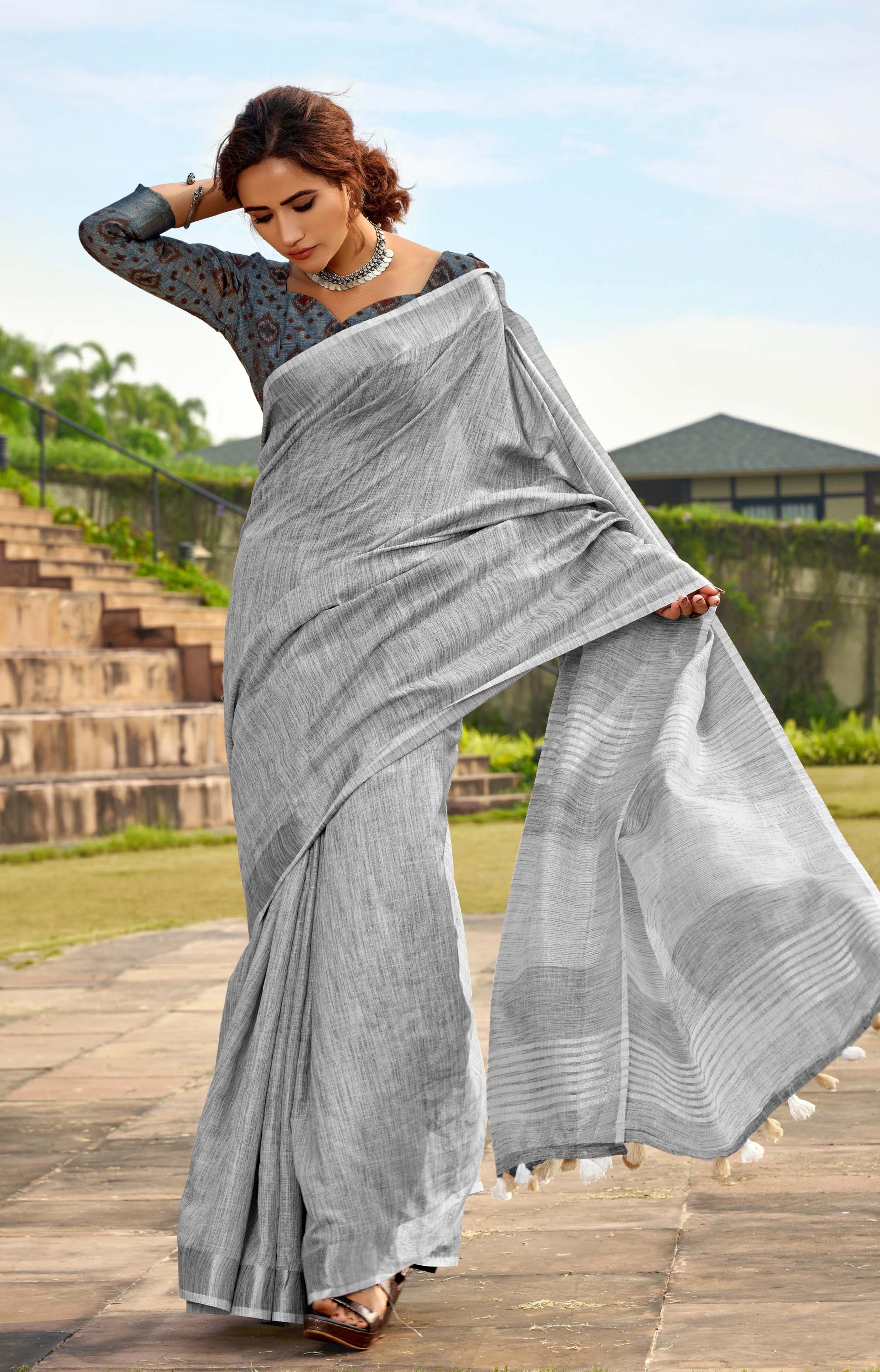 Ethereal AshenGrey Linen Silk Saree