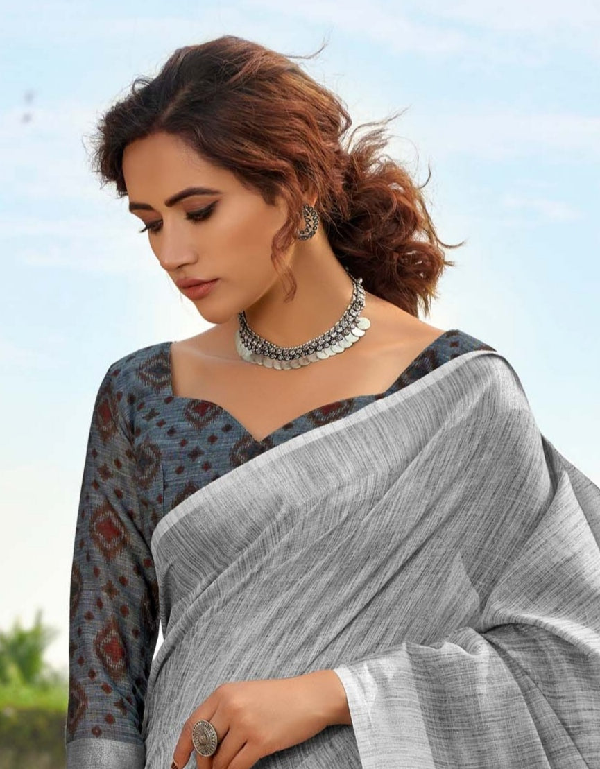 Ethereal AshenGrey Linen Silk Saree