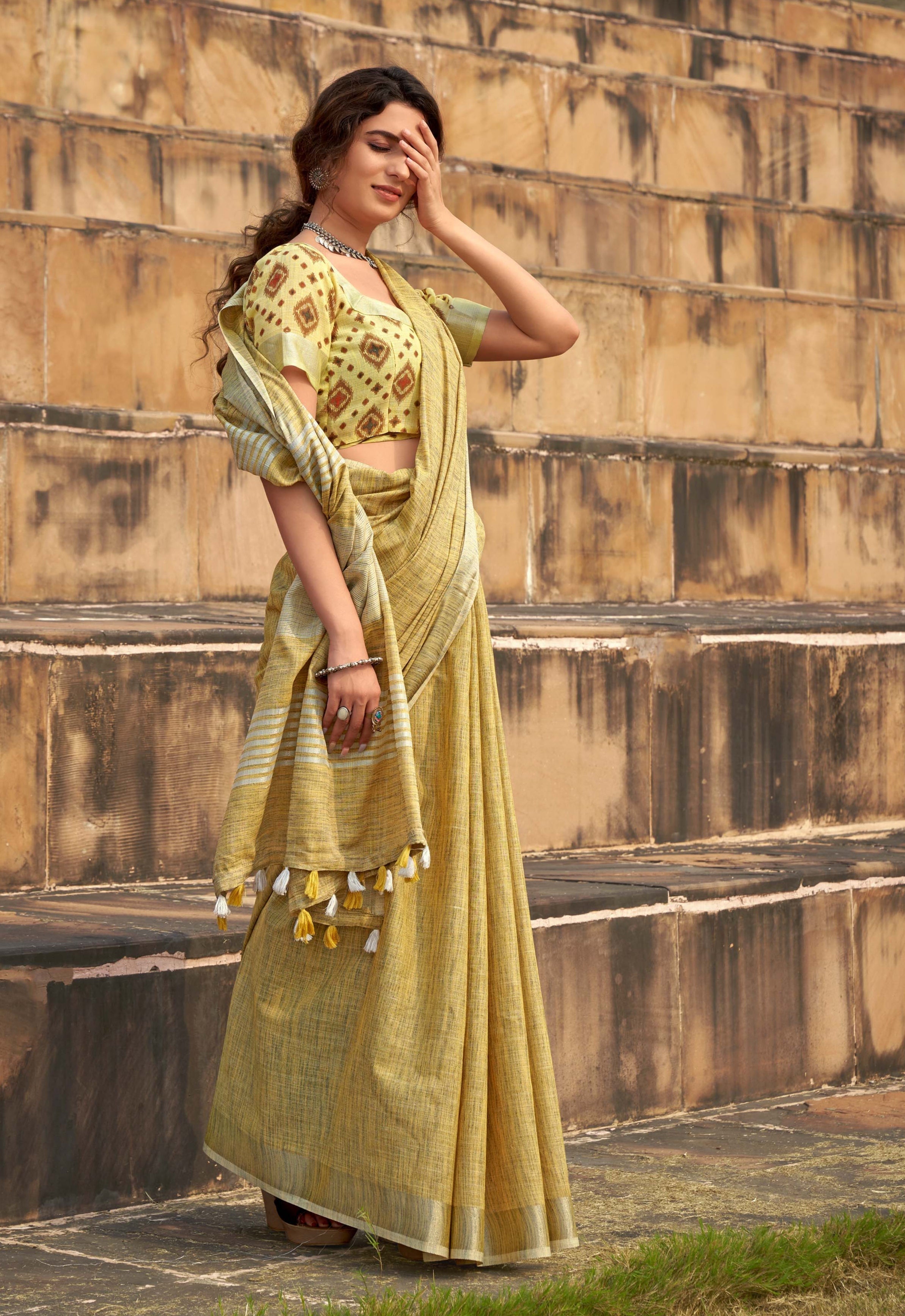 Sunlit Bloom Primrose Yellow Soft Linen Silk Saree