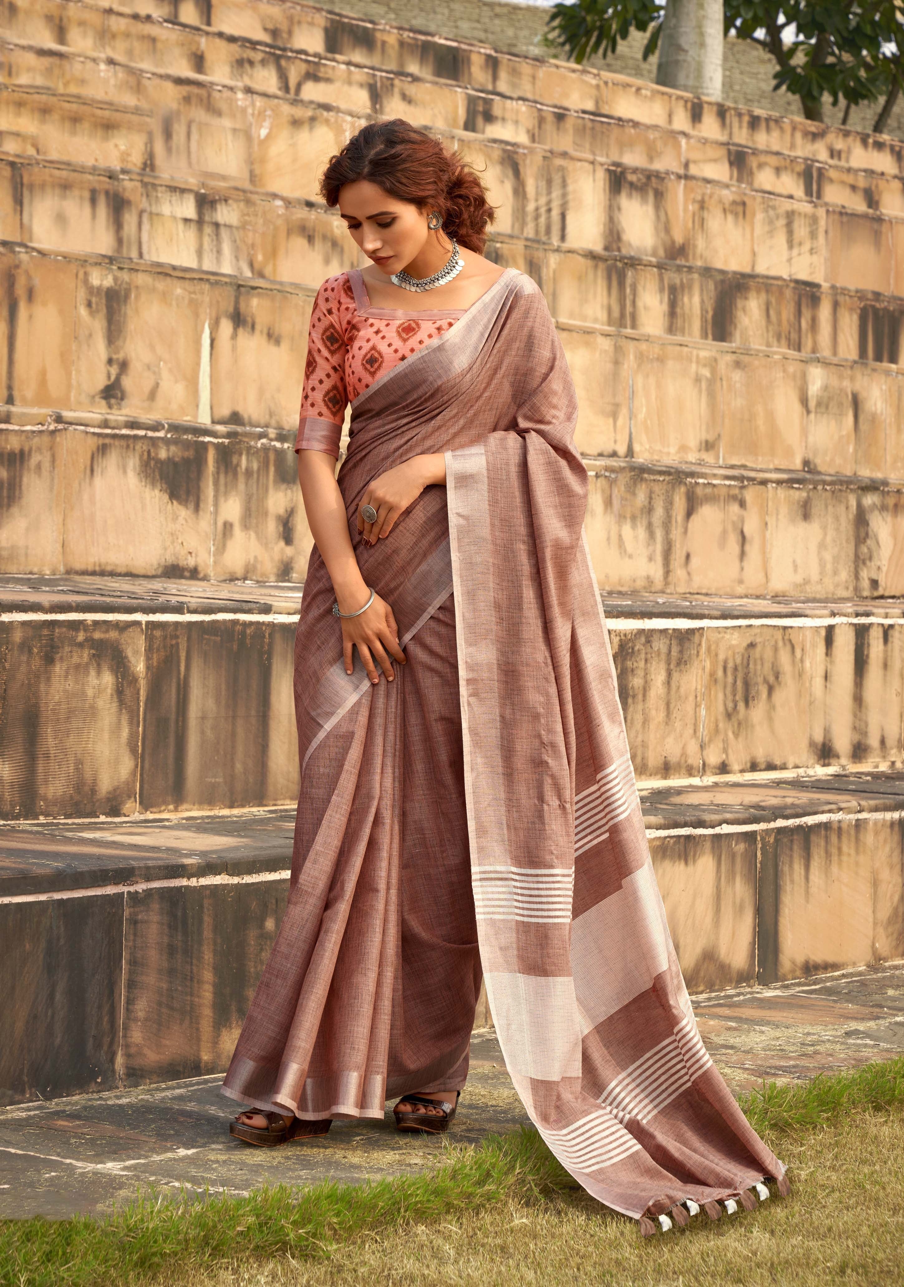 Elegant Mocha Brown Linen Silk Saree