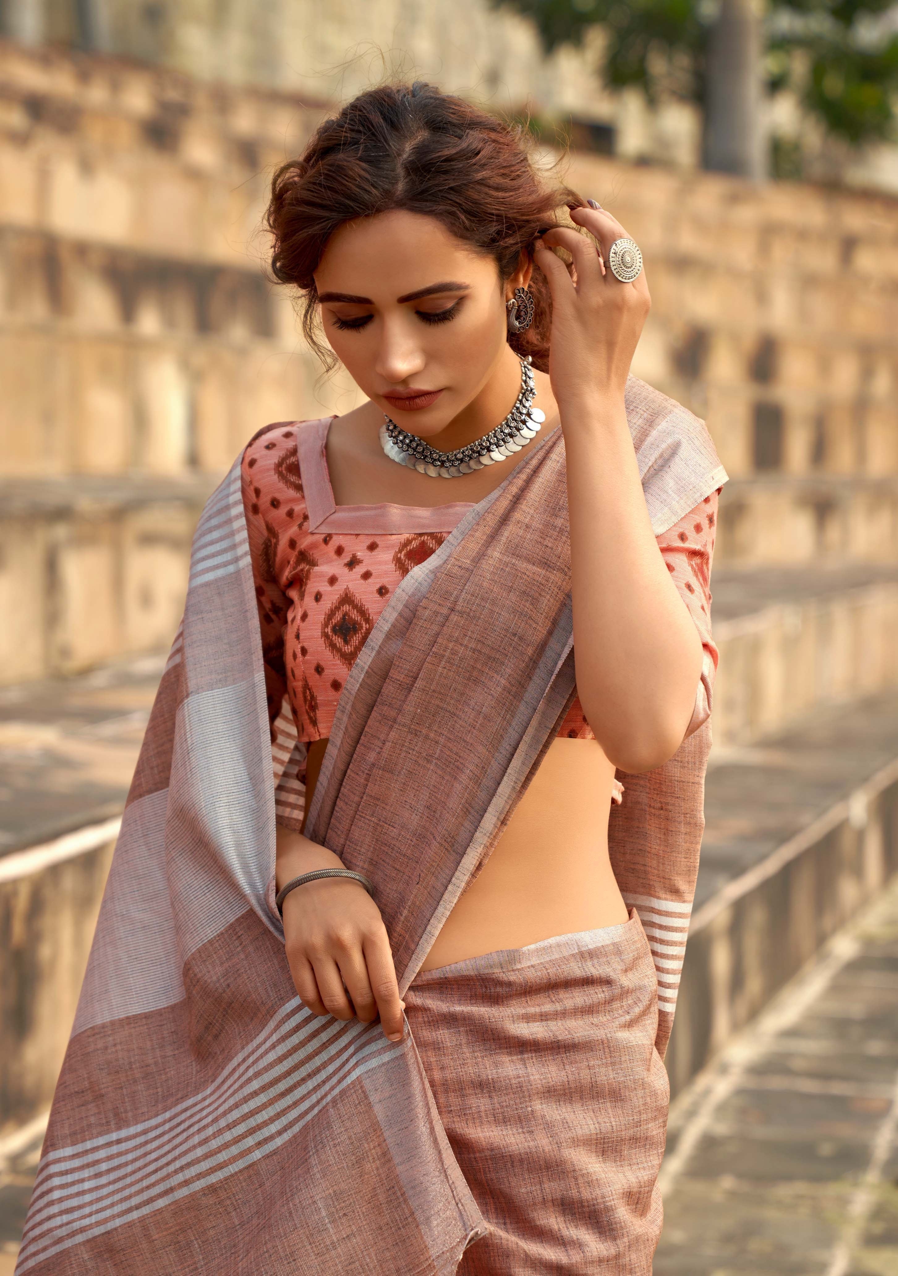 Elegant Mocha Brown Linen Silk Saree