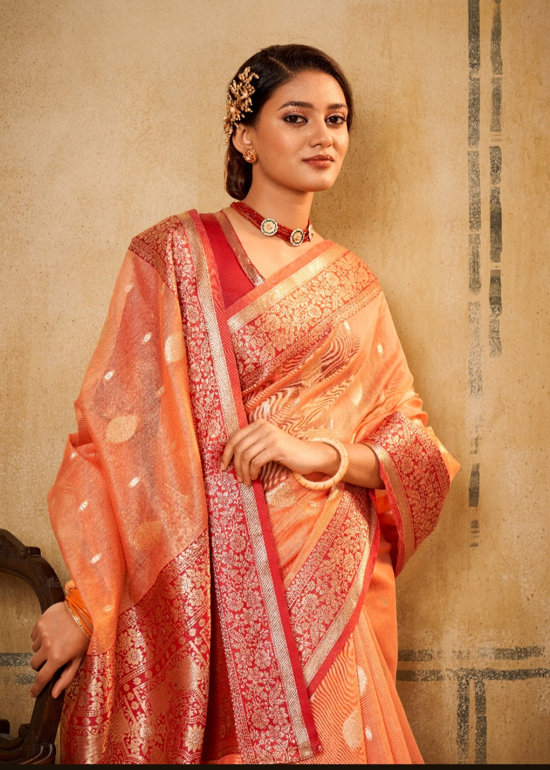 Clay Orange Woven Banarasi Silk Saree