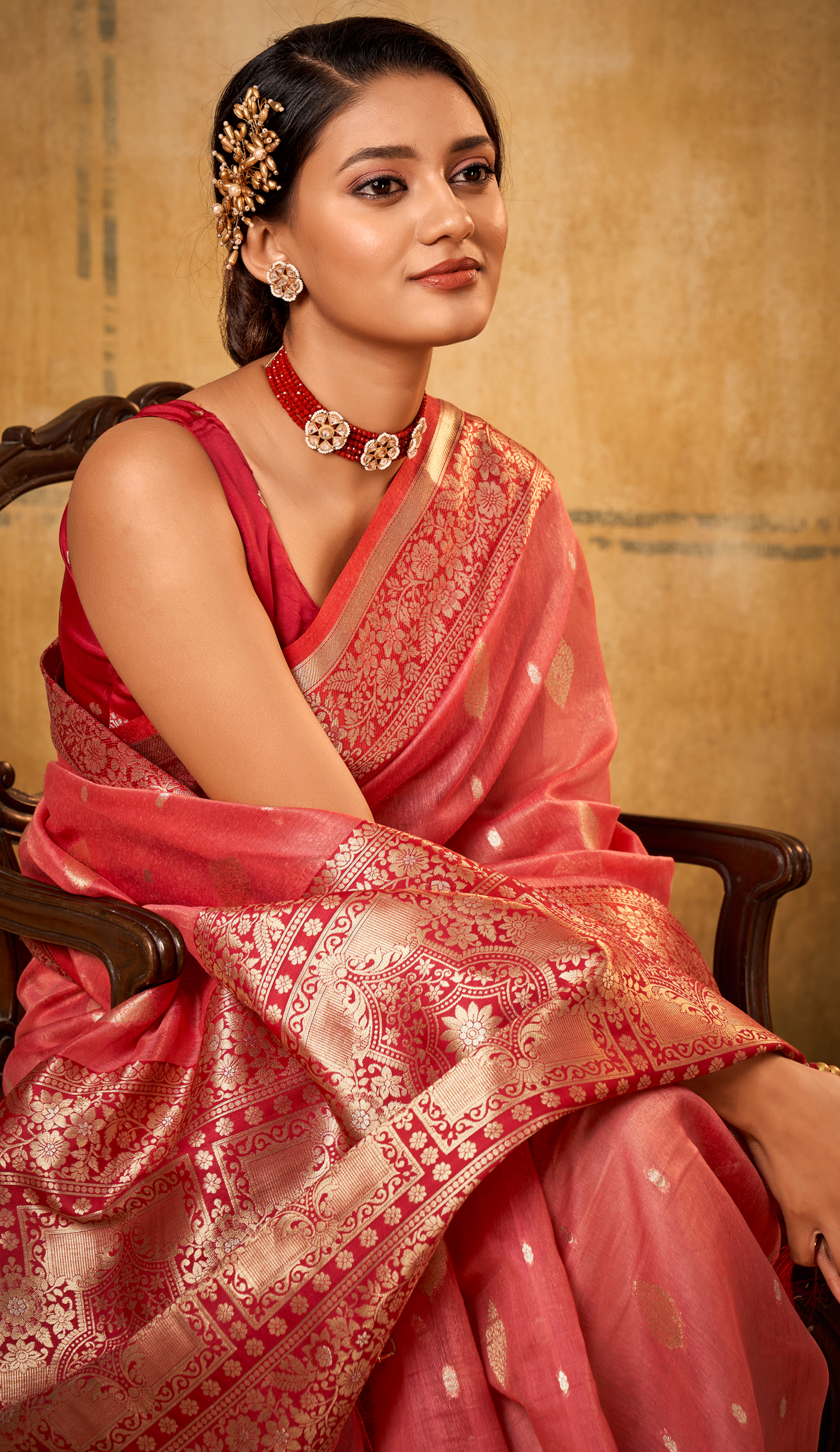 Peachy Elegance Banarasi Silk Saree