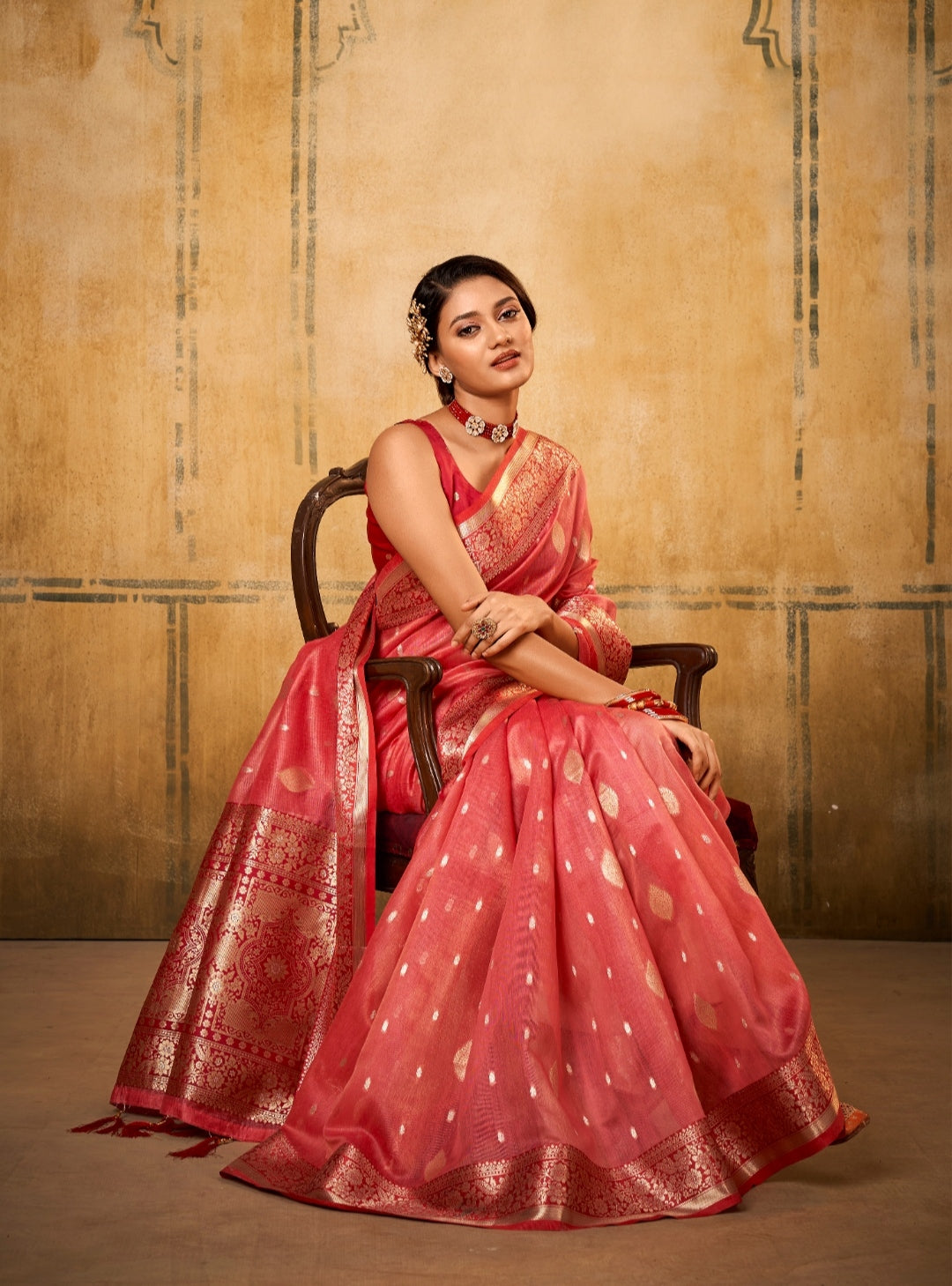 Peachy Elegance Banarasi Silk Saree