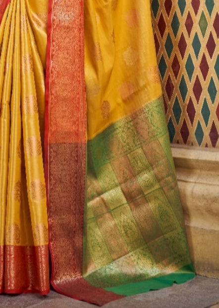 Harmony Hues Dual Tone Yellow and Green Banarasi Handloom Silk Saree