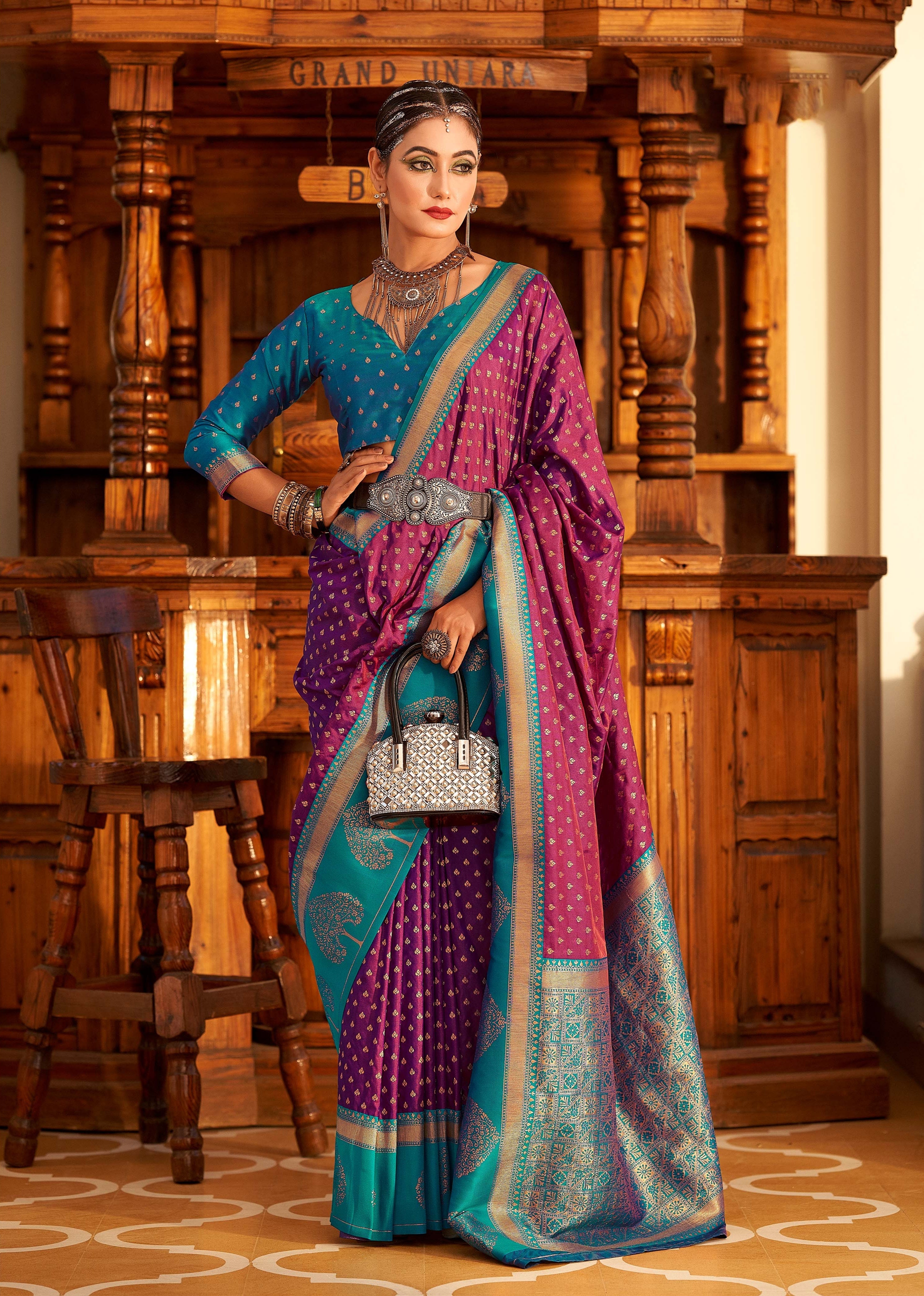 Majestic Purple and Blue Woven Banarasi Soft Silk Saree