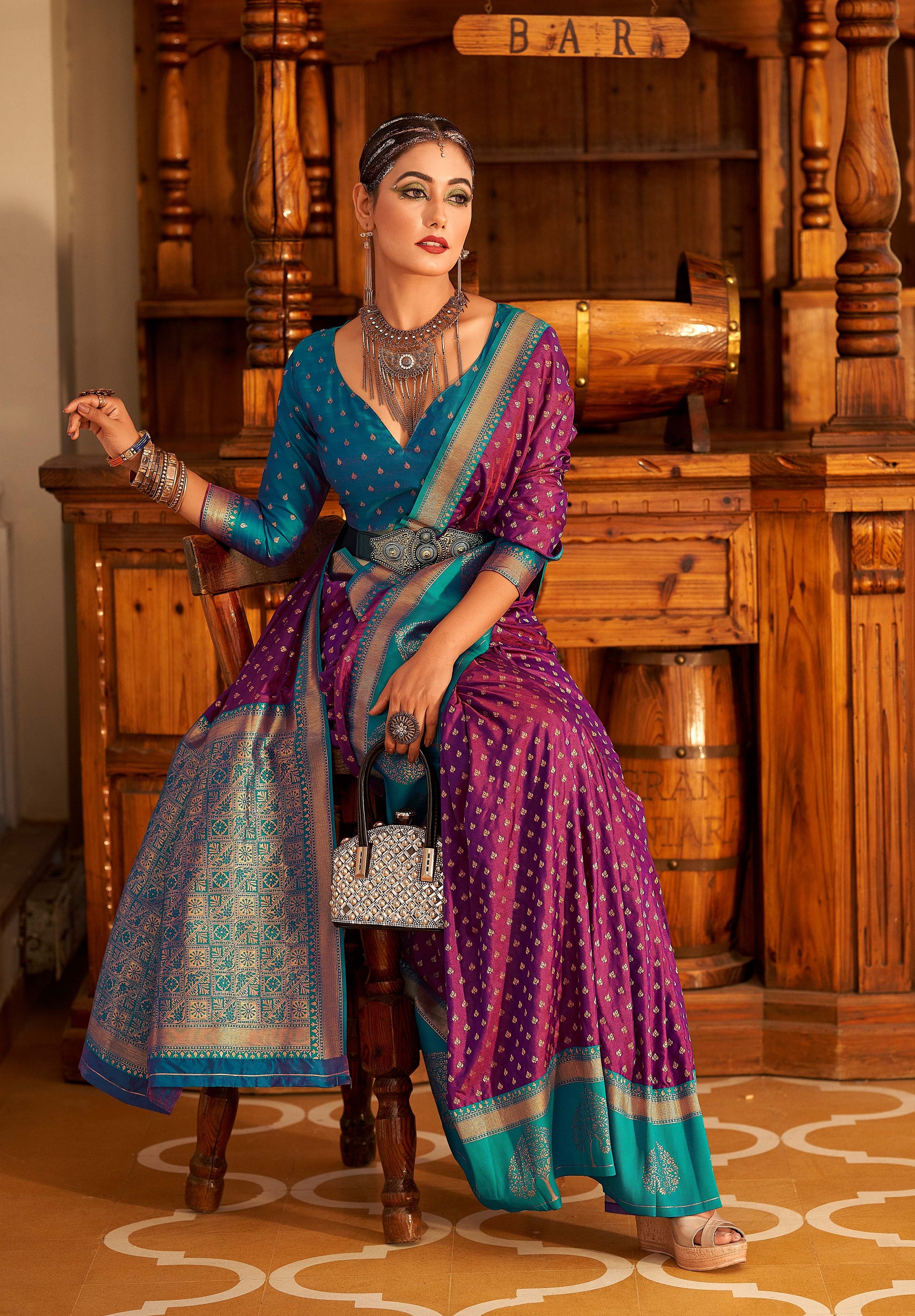 Majestic Purple and Blue Woven Banarasi Soft Silk Saree