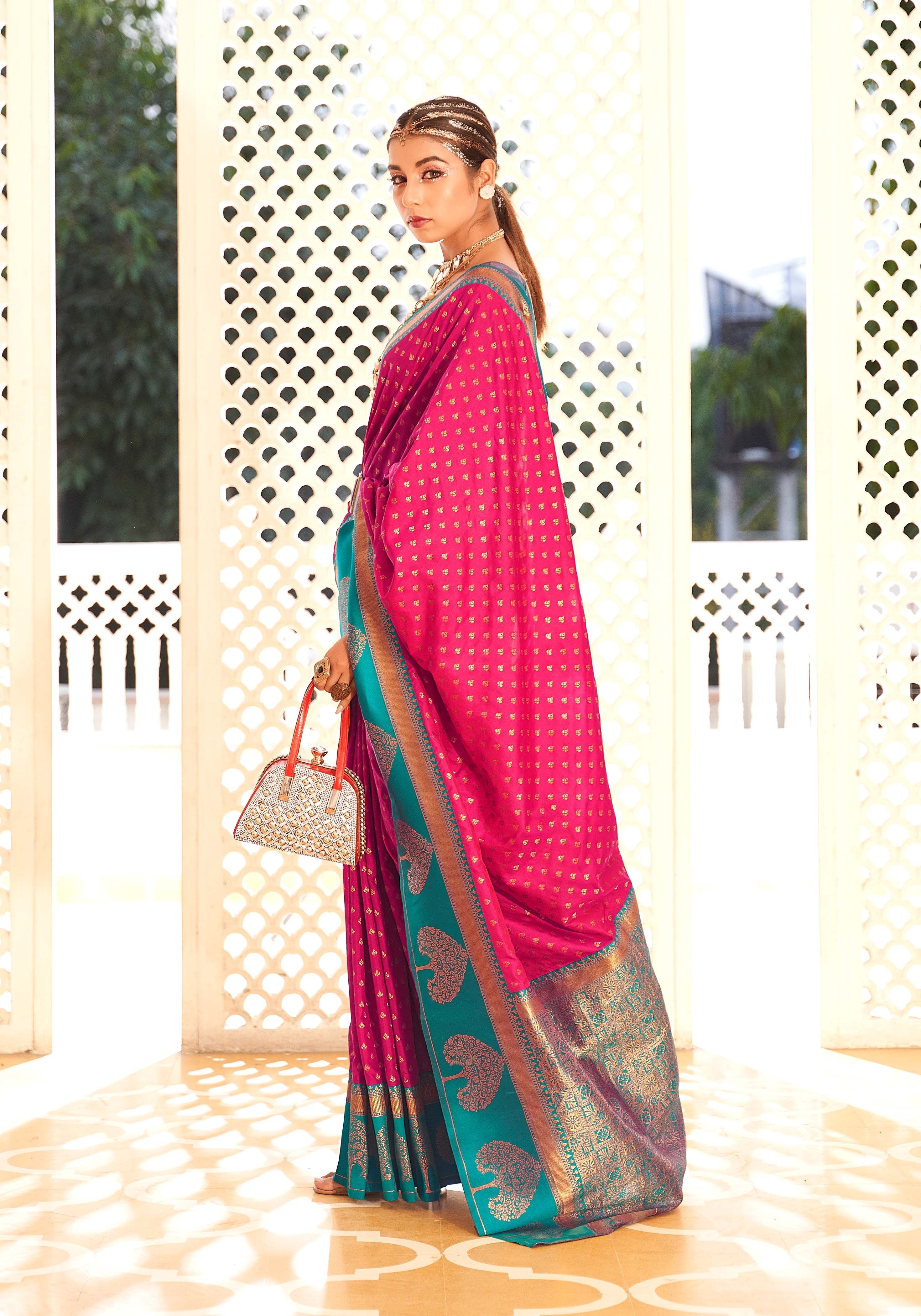 Rose Pink and Royal Blue Woven Banarasi Soft Silk Saree