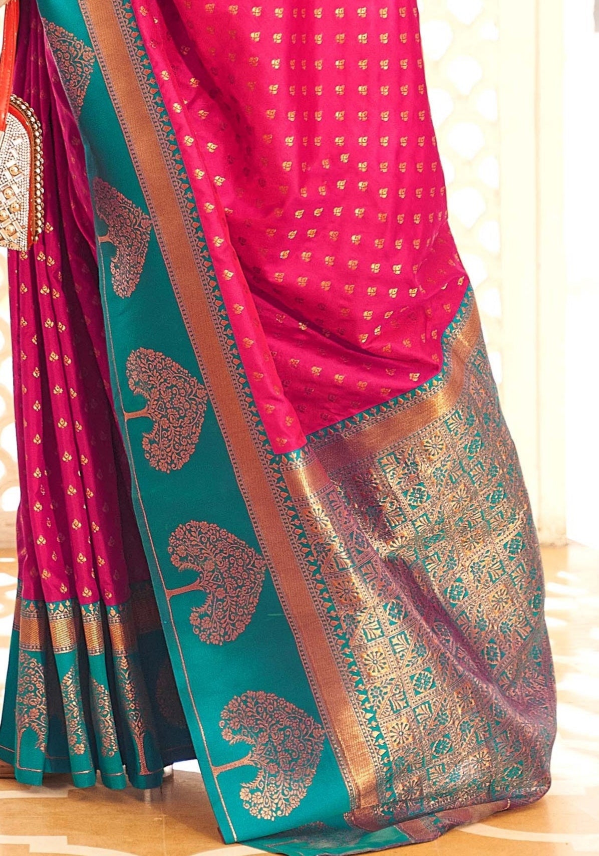 Rose Pink and Royal Blue Woven Banarasi Soft Silk Saree